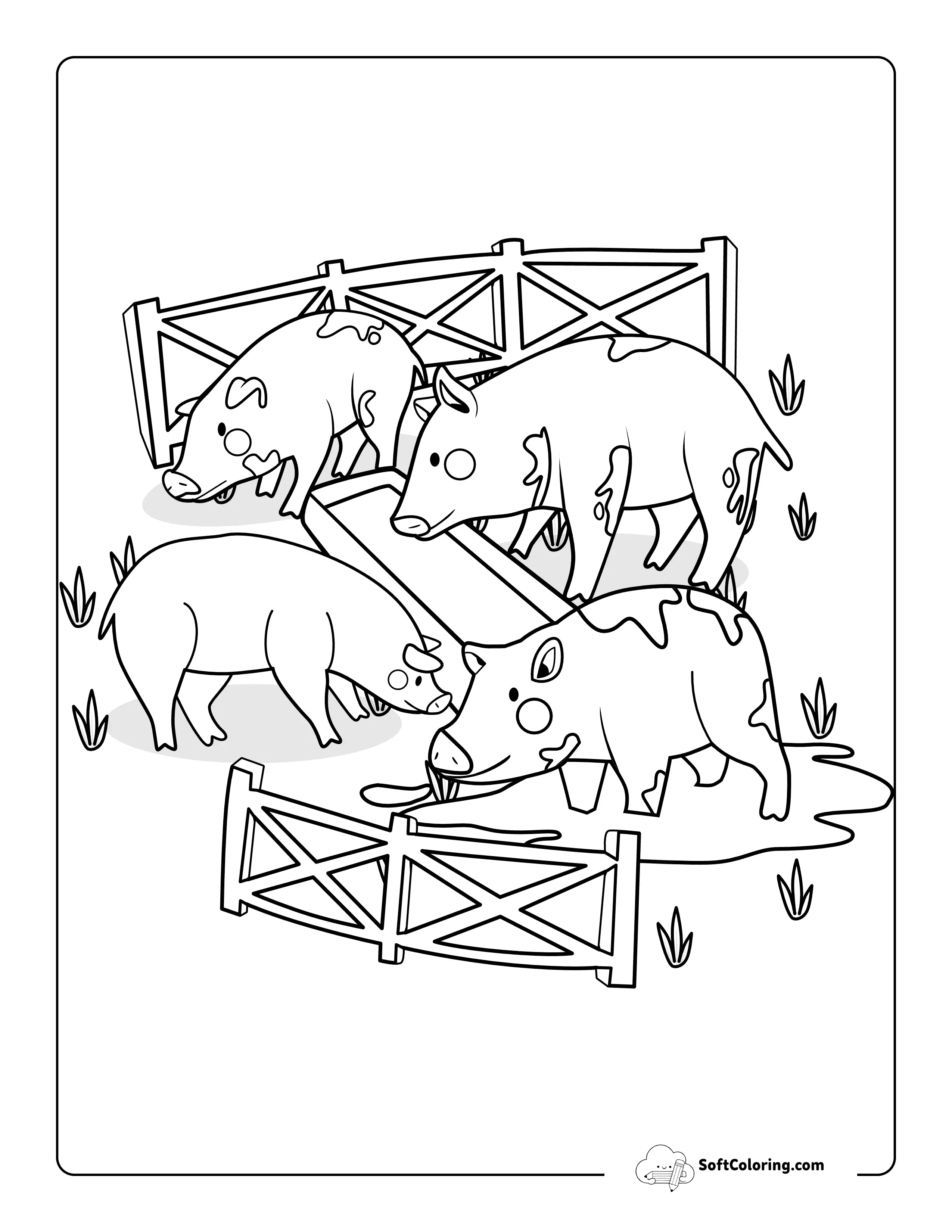 Cute Pigs At A Muddy Trough Coloring Sheet