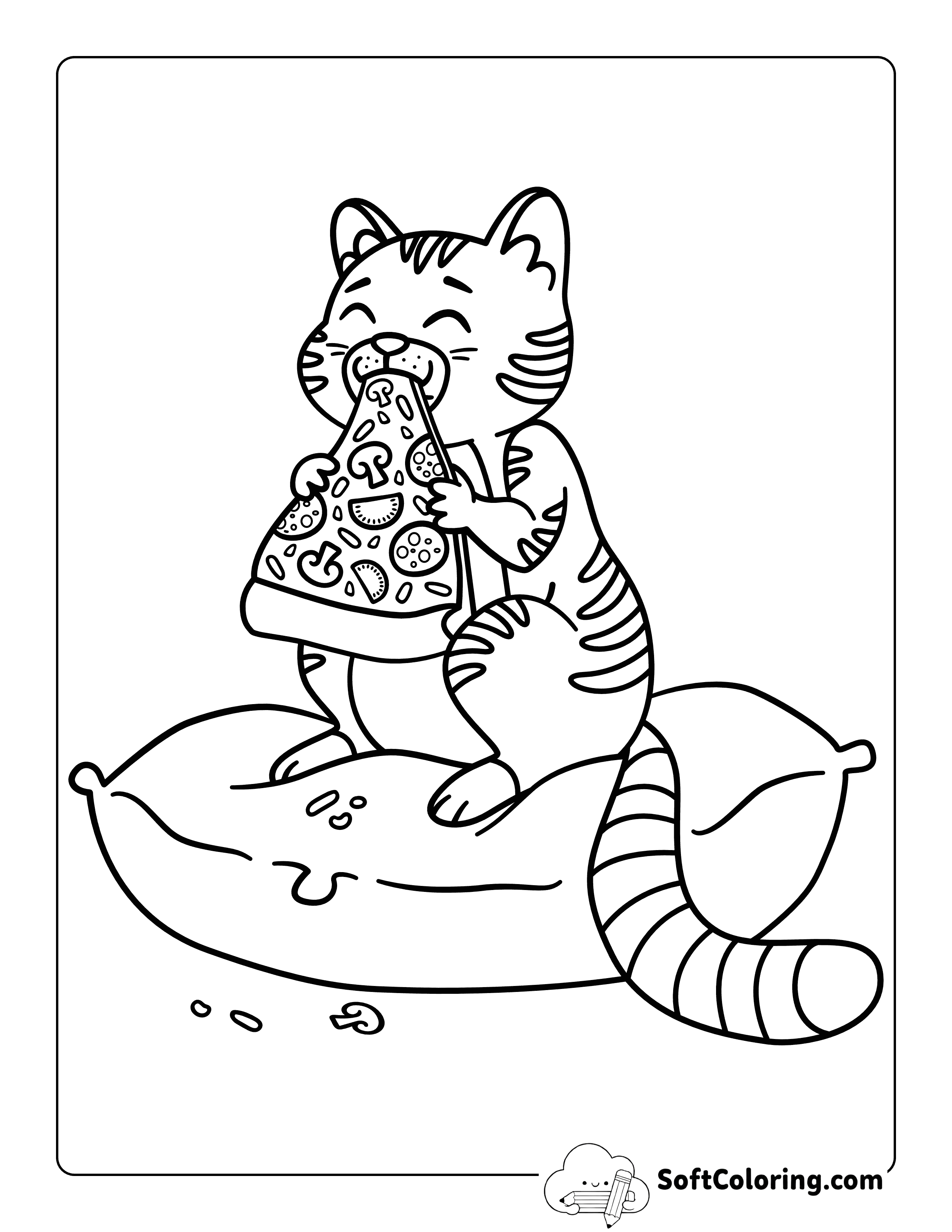 Cute Cat Eating a Pizza Slice - Easy Coloring Page for Kids