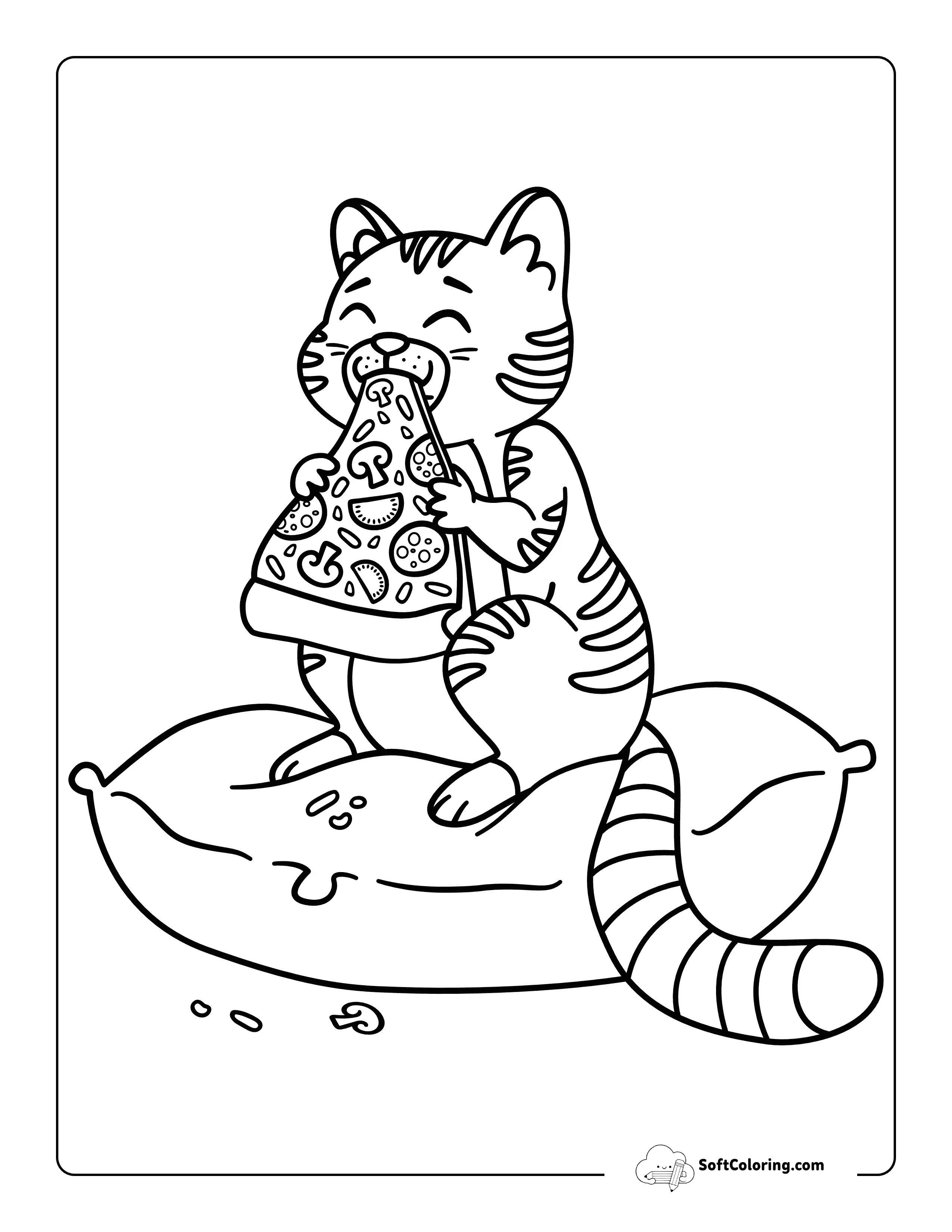 Cute Cat Eating A Pizza Slice - Easy Coloring Page For Kids