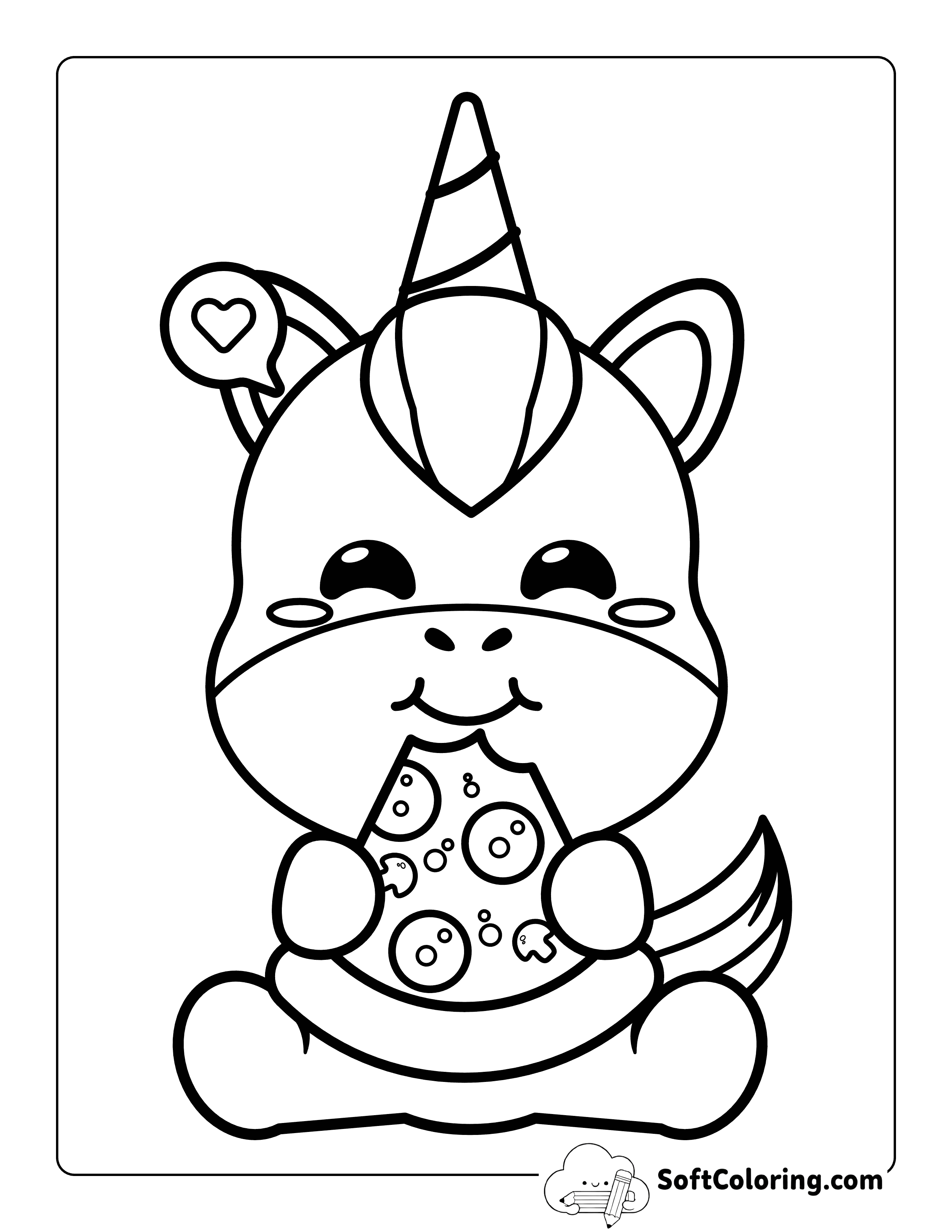 Kawaii Unicorn Eating a Slice of Pizza Coloring Page forKids