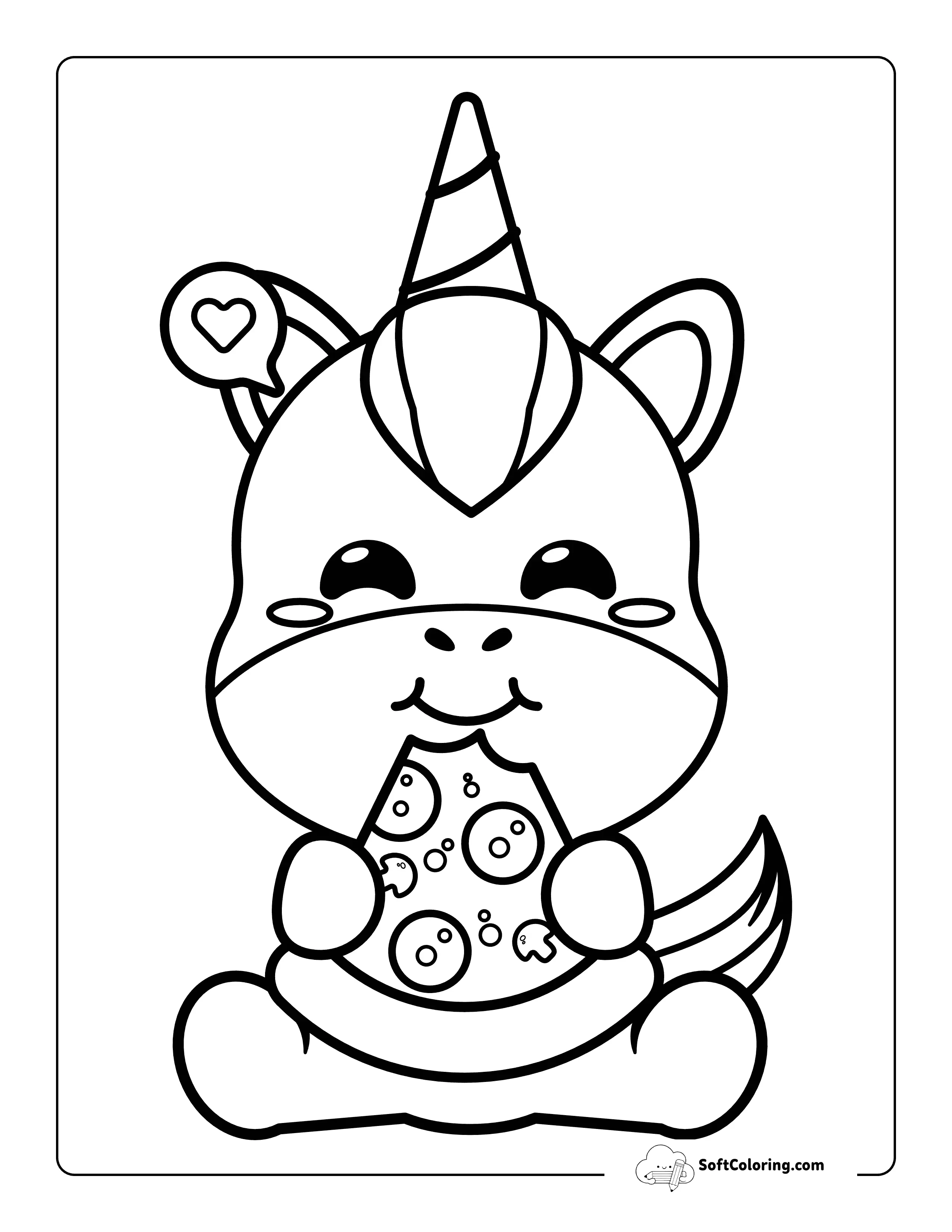 Kawaii Unicorn Eating A Slice Of Pizza Coloring Page ForKids