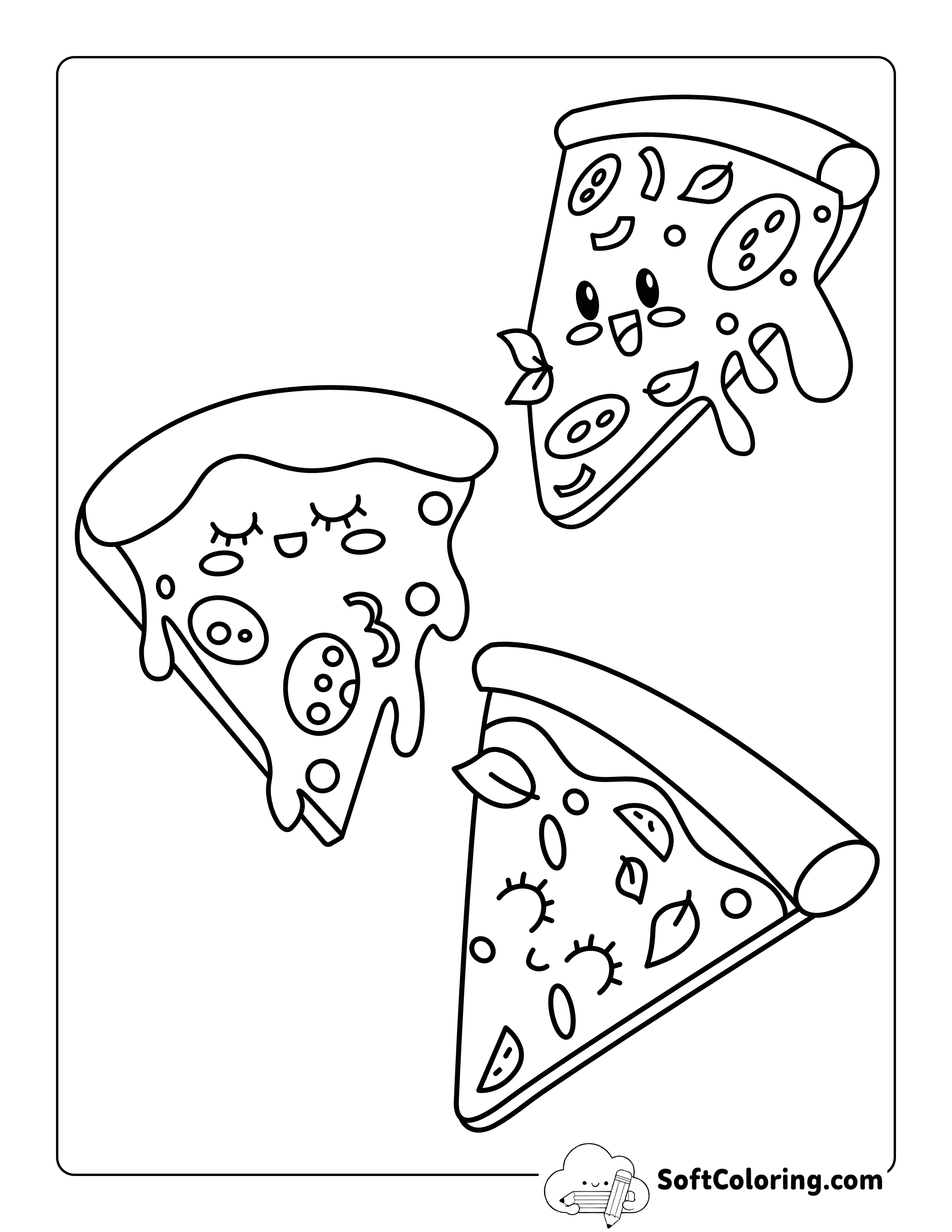 Cute Kawaii Pizza Slice Friends - Easy Coloring Page for Kids
