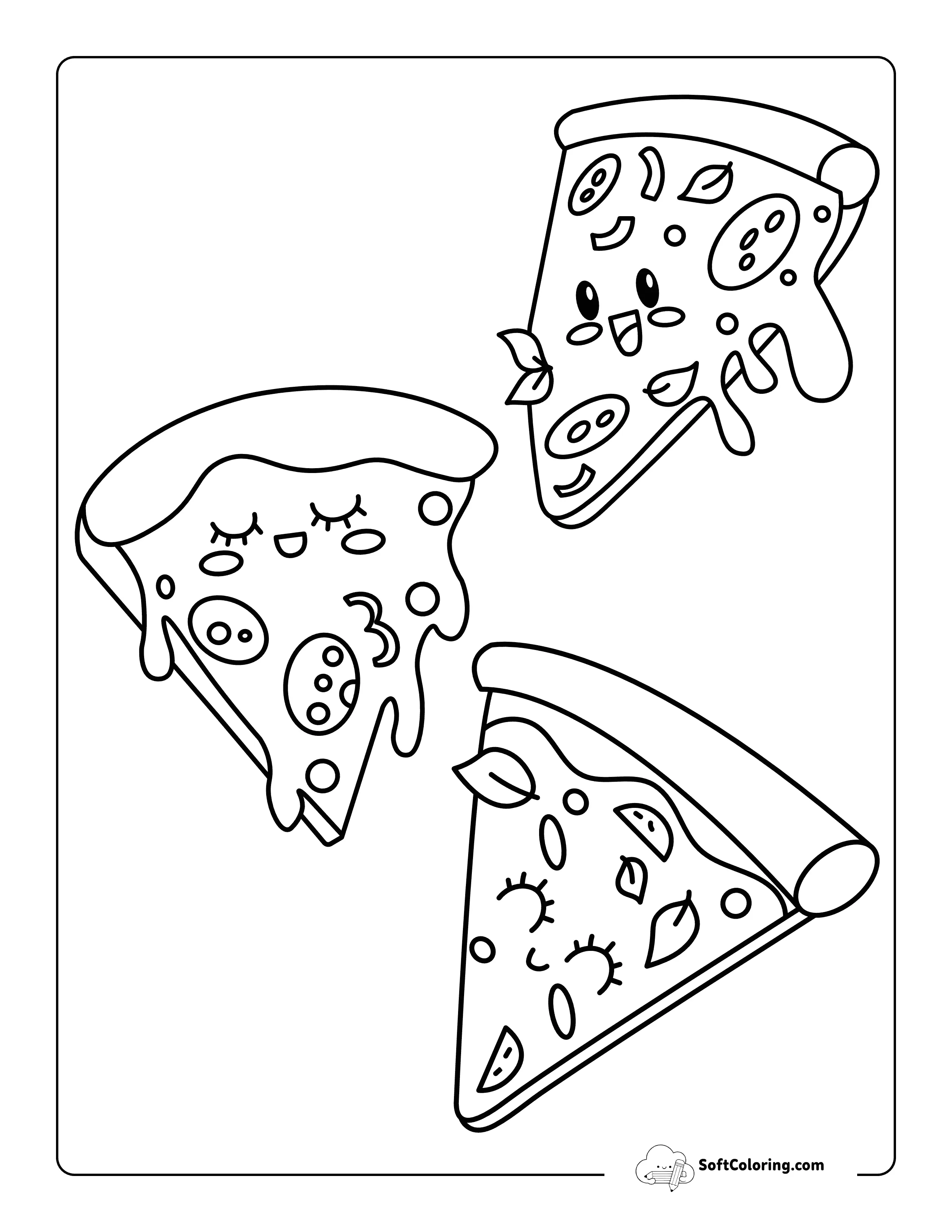 Cute Kawaii Pizza Slice Friends - Easy Coloring Page For Kids