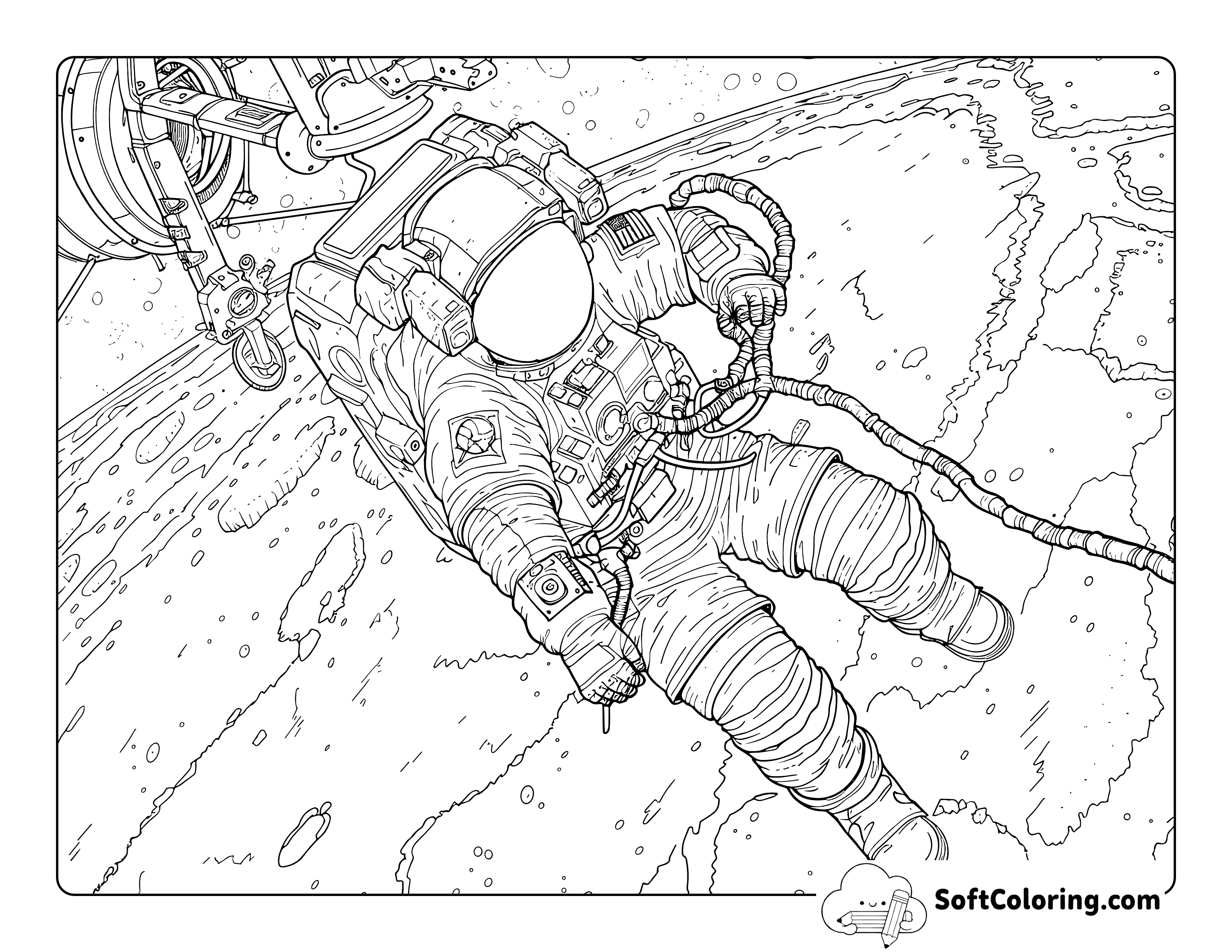 Detailed Astronaut Space Walk Coloring Page for Teens and Adults