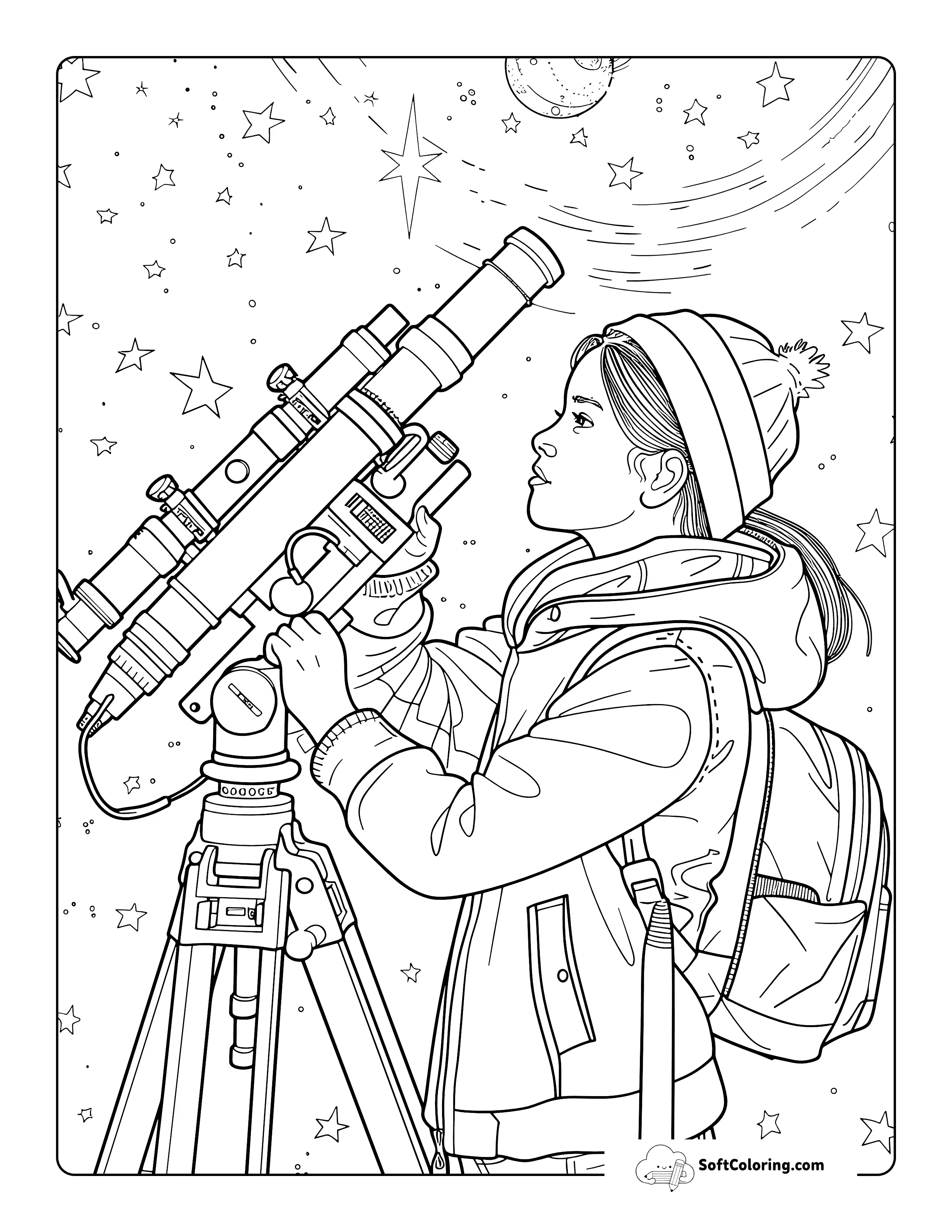 Researcher Adjusting Telescope Coloring Sheet For Teens And Adults