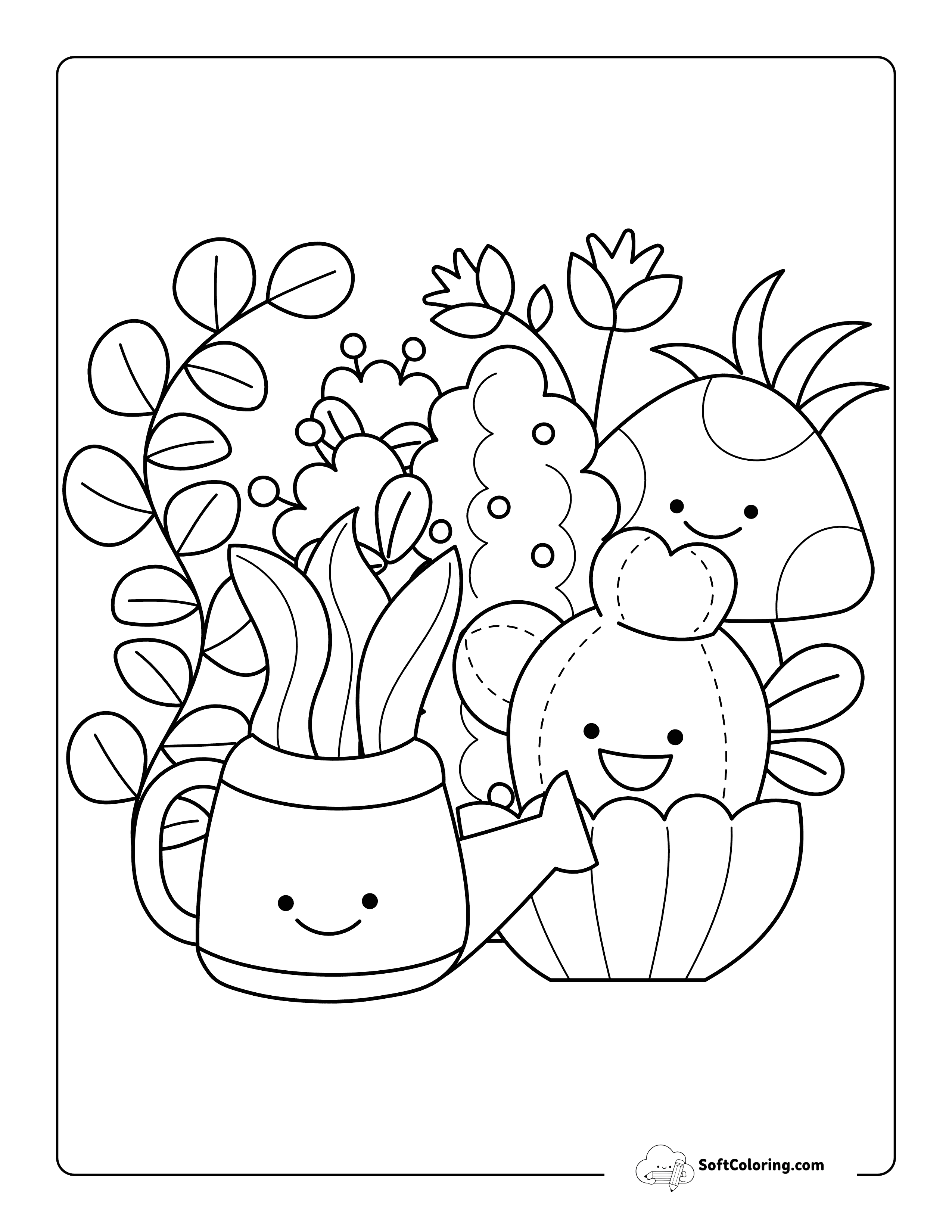 Adorable Potted Cartoon Plants And Mushroom