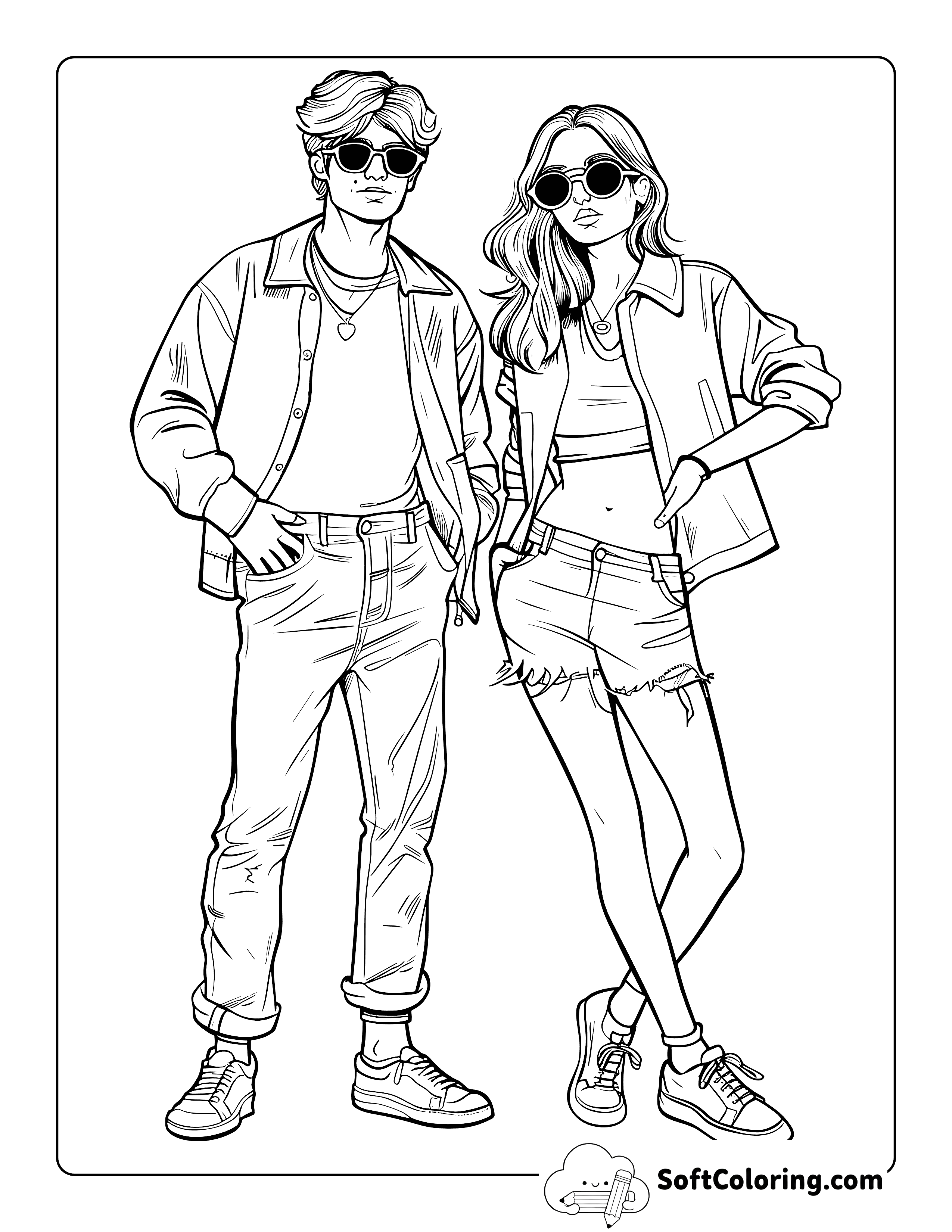 Preppy Girl and Boy Aesthetic Coloring Page for Teens
