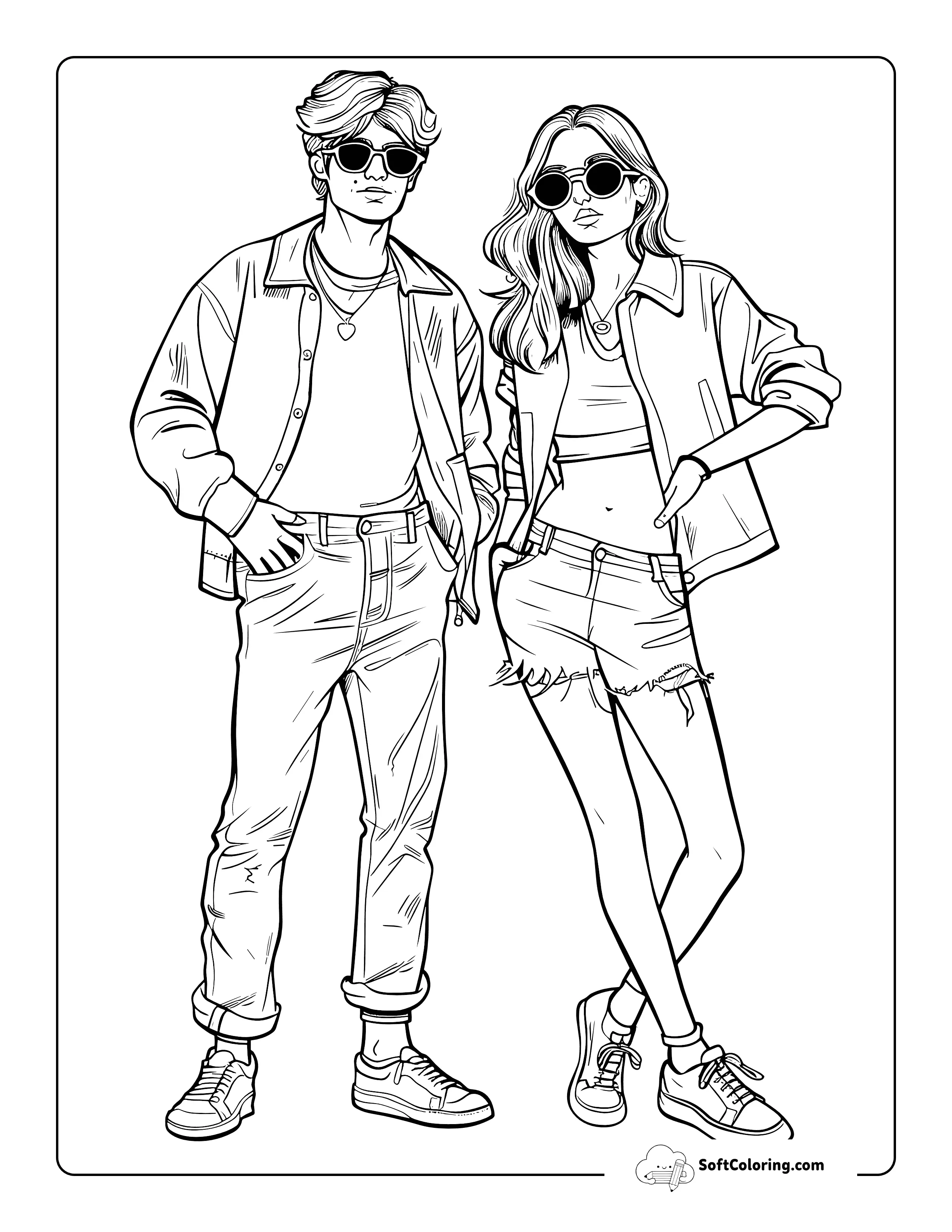 Preppy Girl And Boy Aesthetic Coloring Page For Teens