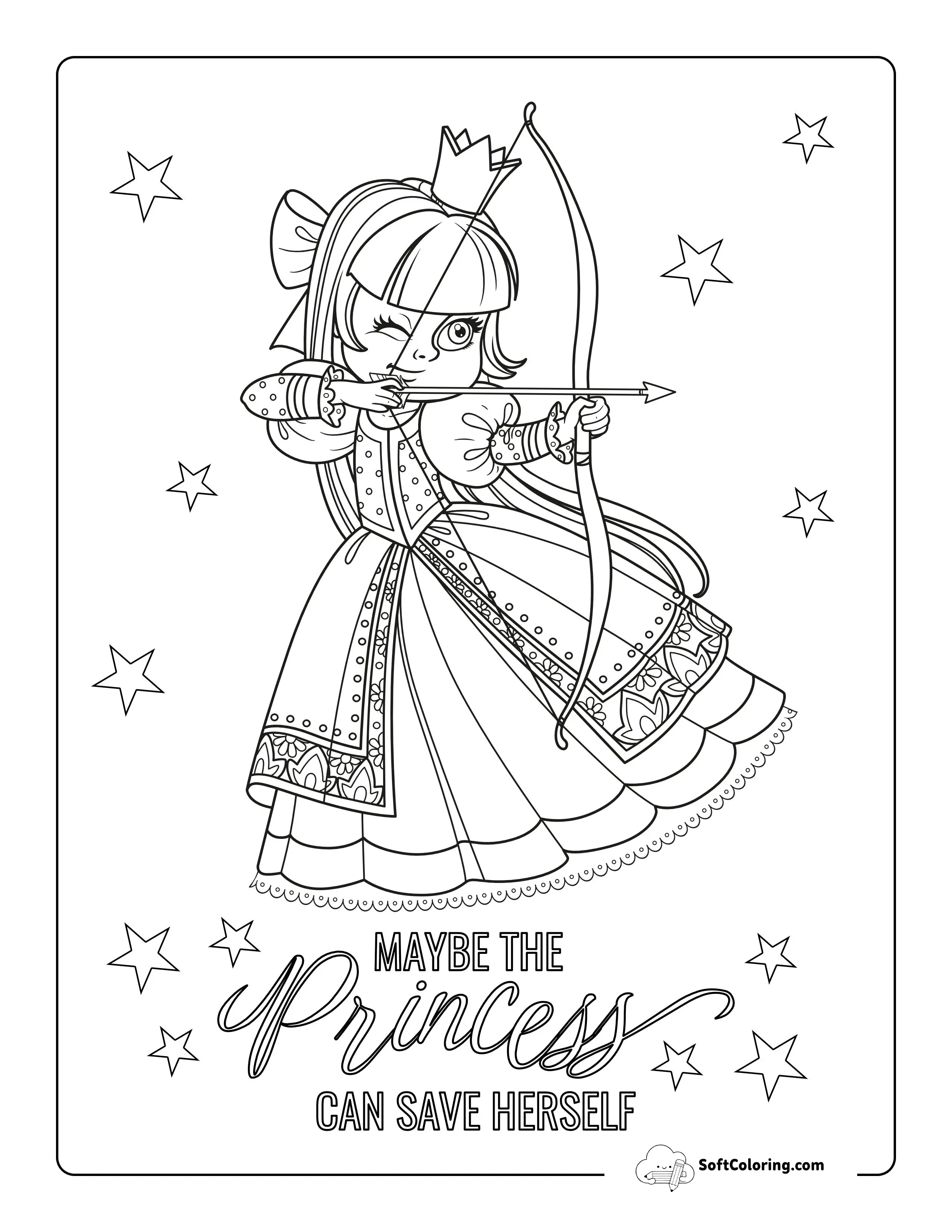 Princess With Bow & Arrow Coloring Page