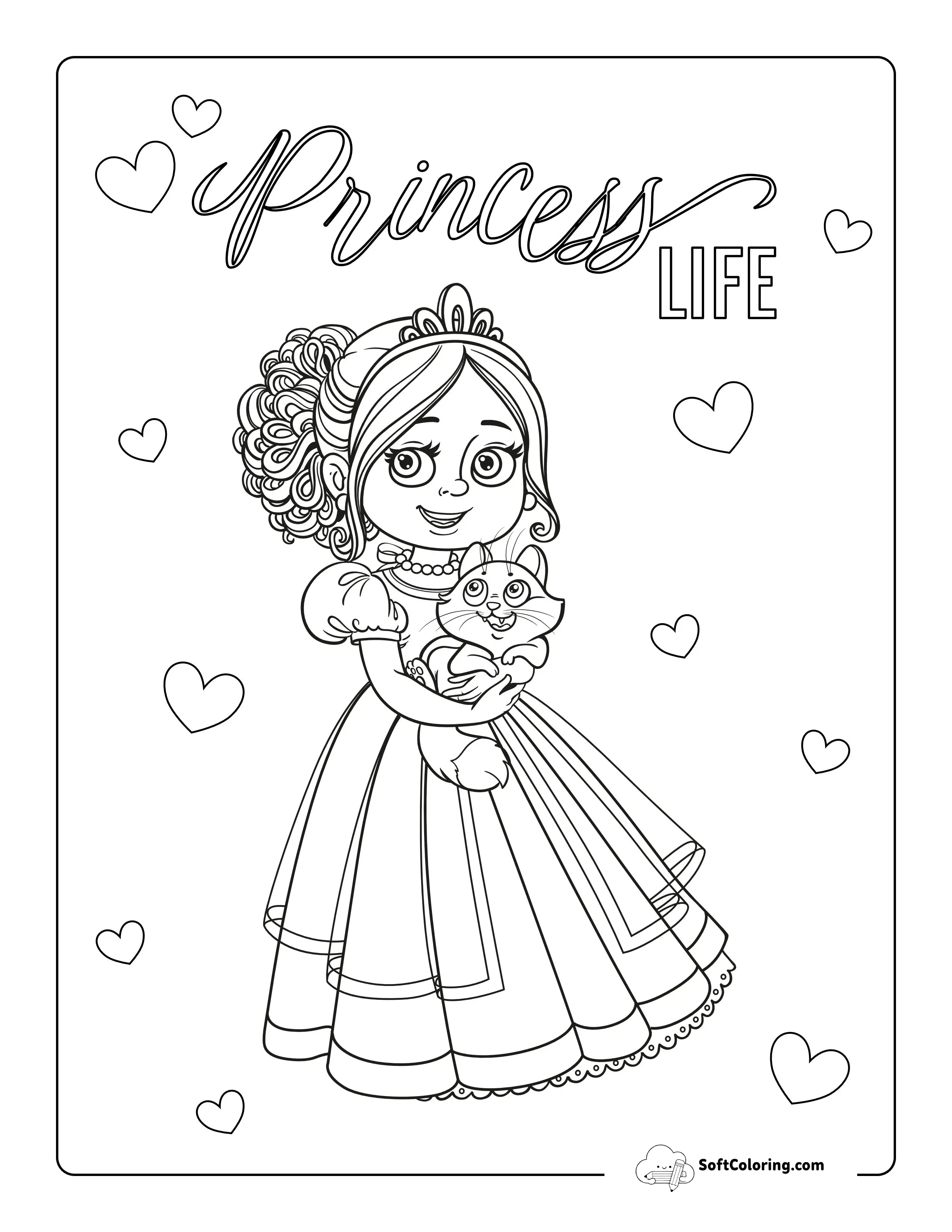 Princess With Cute Cat Coloring Page