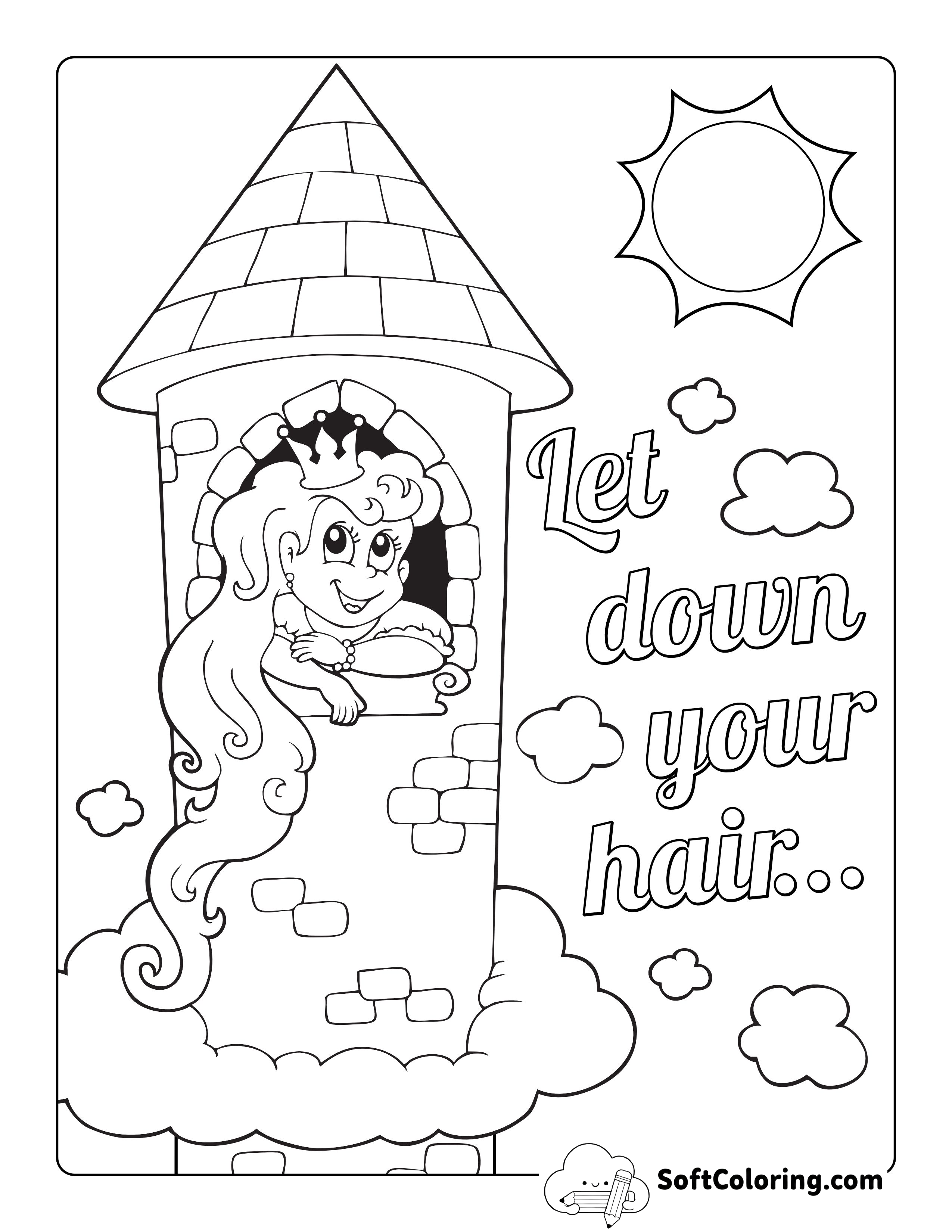Easy Rapunzel in Tower Coloring Page for Preschoolers
