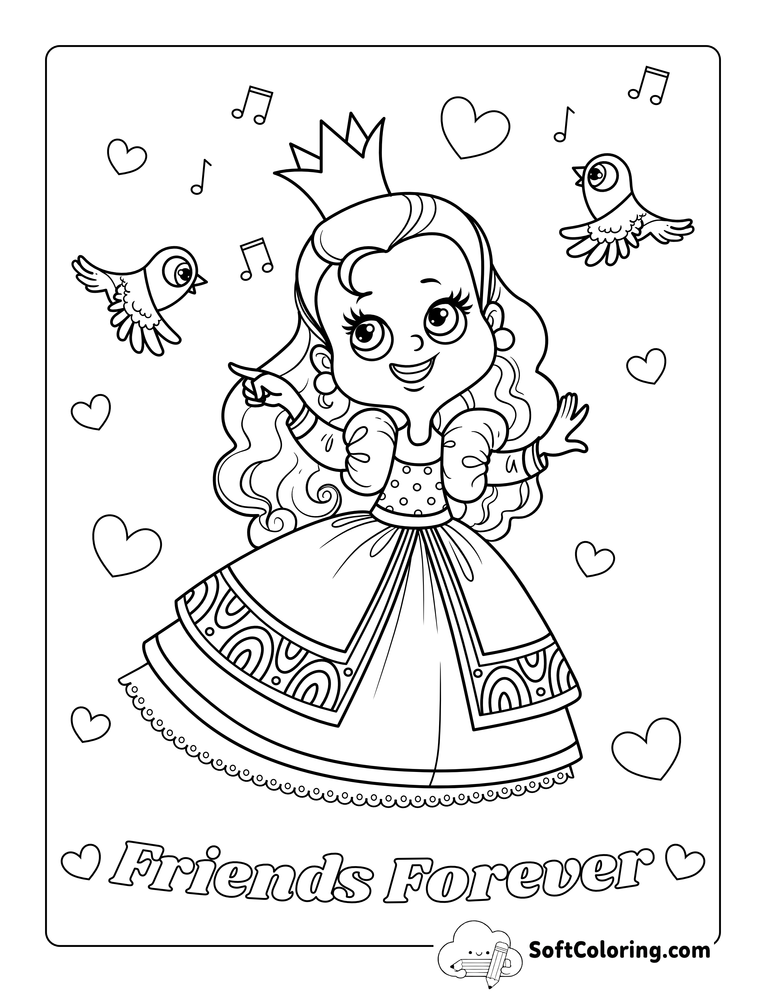 Sweet Princess with Bird Coloring Sheet