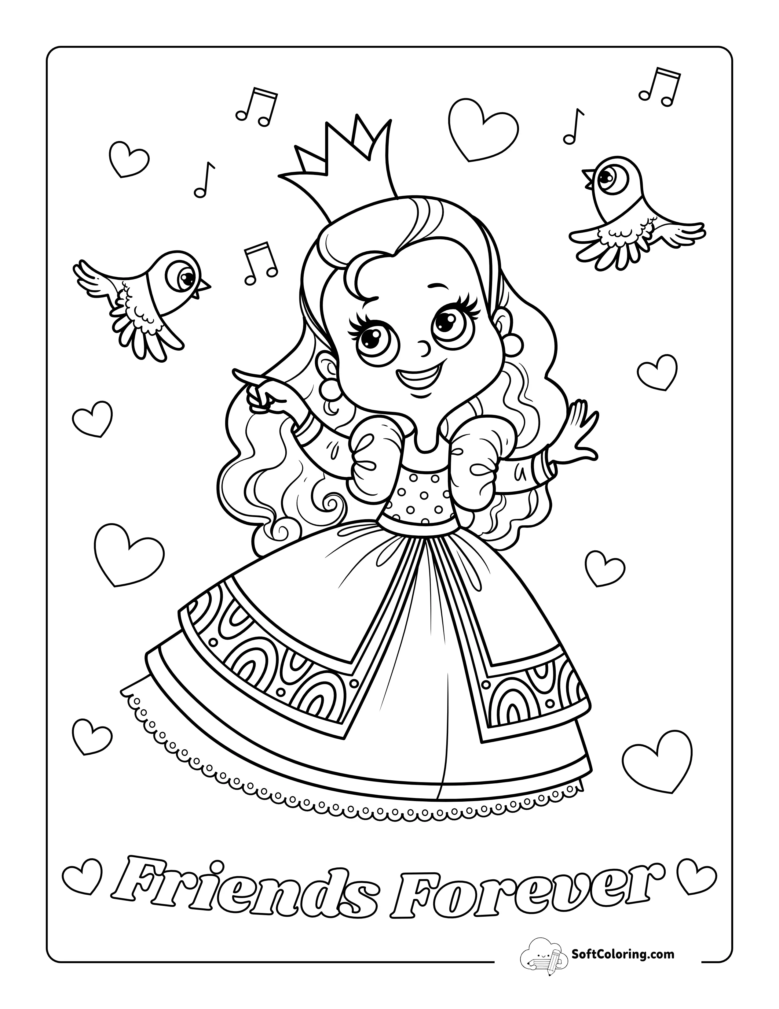 Sweet Princess With Bird Coloring Sheet