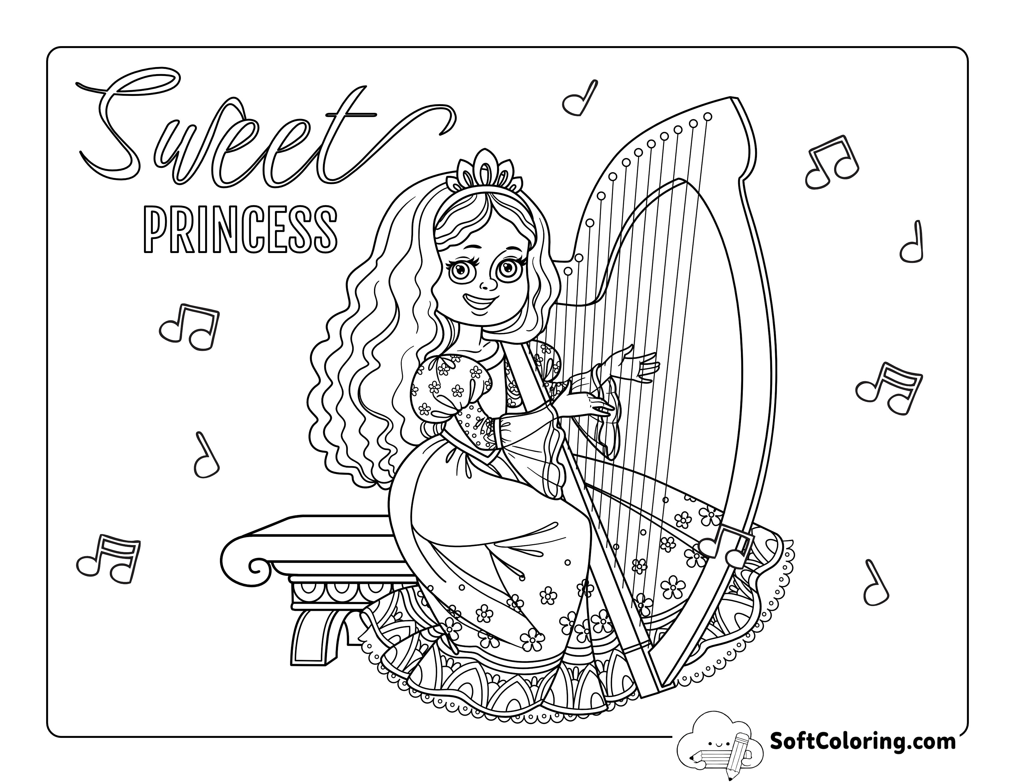 Princess Playing the Harp Coloring Sheet
