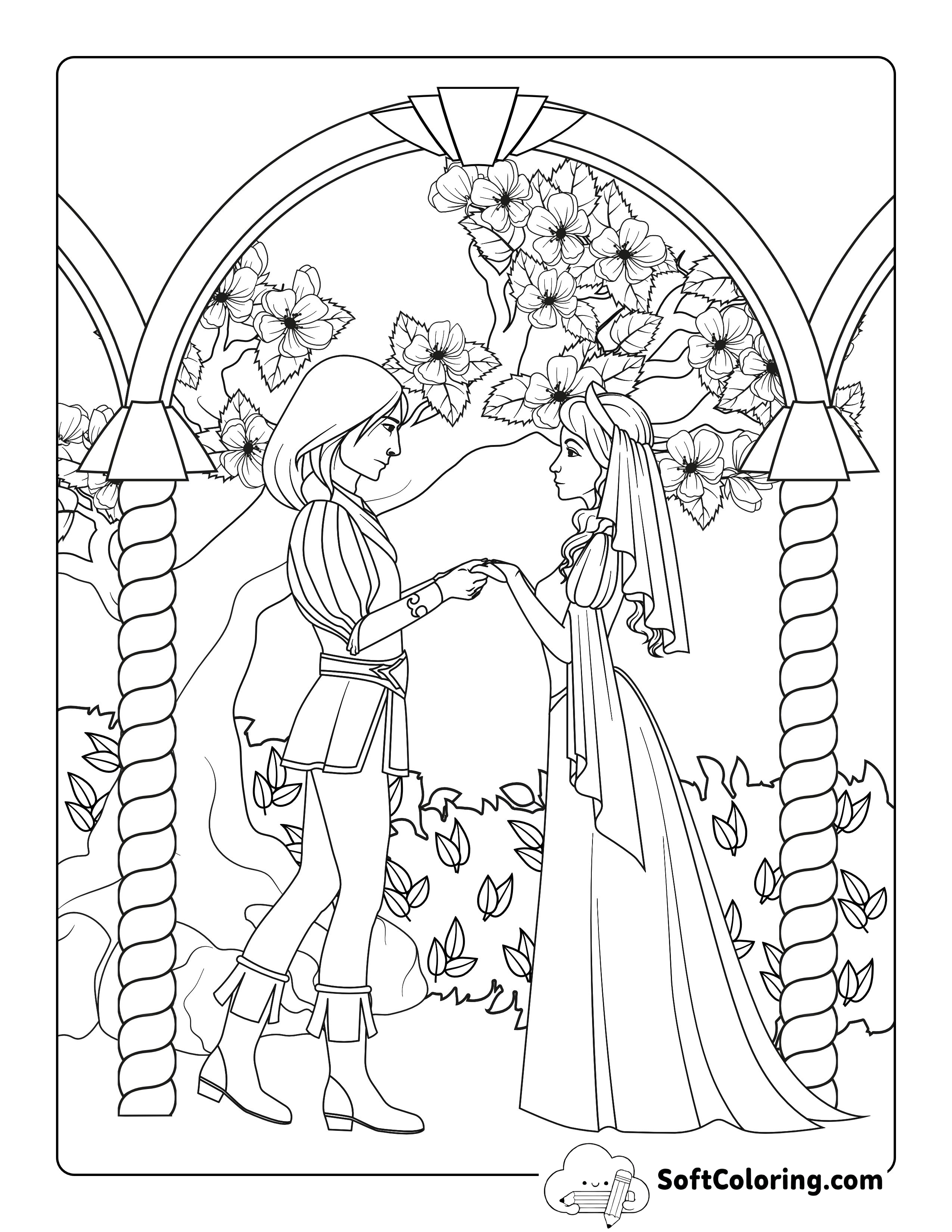 Prince Charming with Princess Wedding Coloring Page
