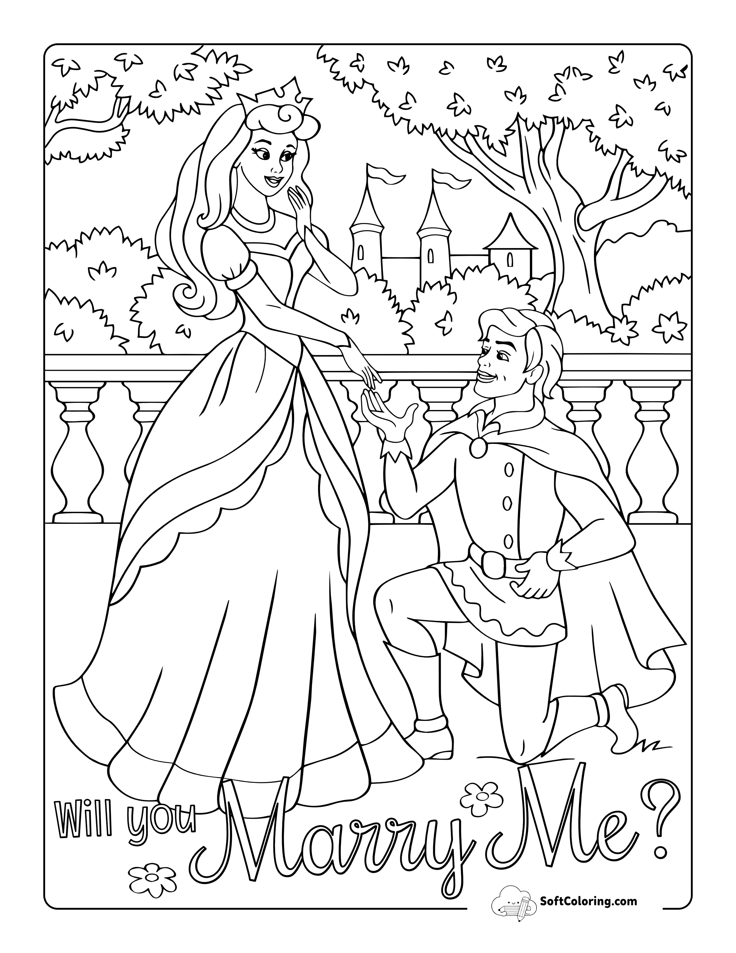 Prince & Princess Proposal Wedding Coloring Page For Kids