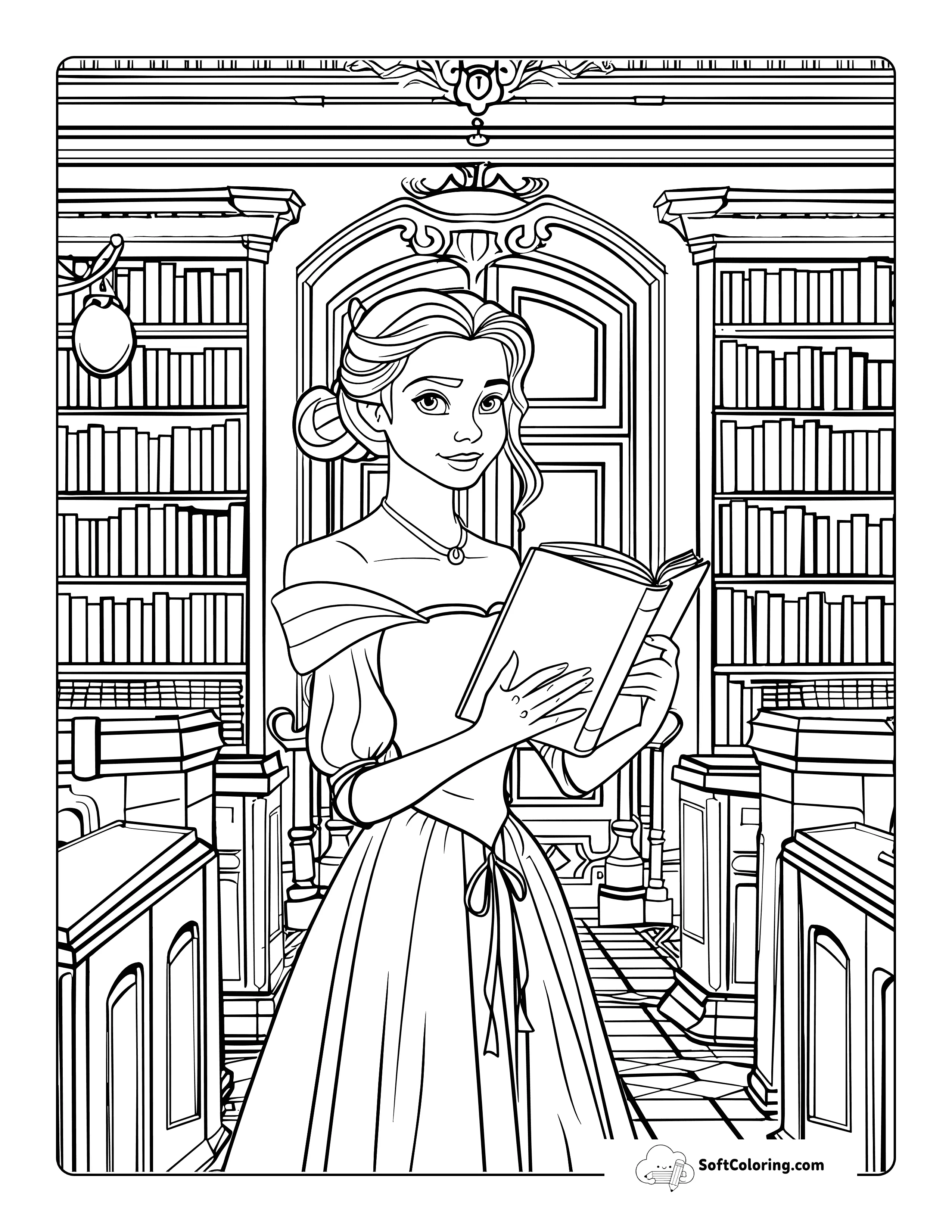 Princess Beauty In Library Coloring Sheet