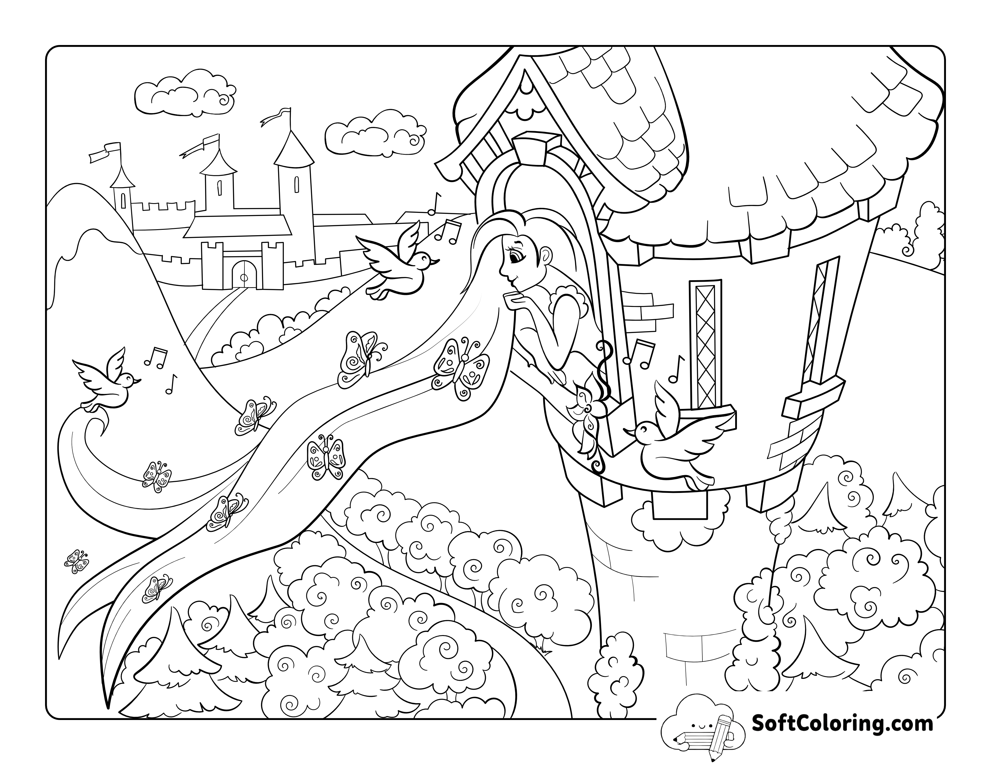 Princess Rapunzel with Butterflies in Her Hair Picture to Color