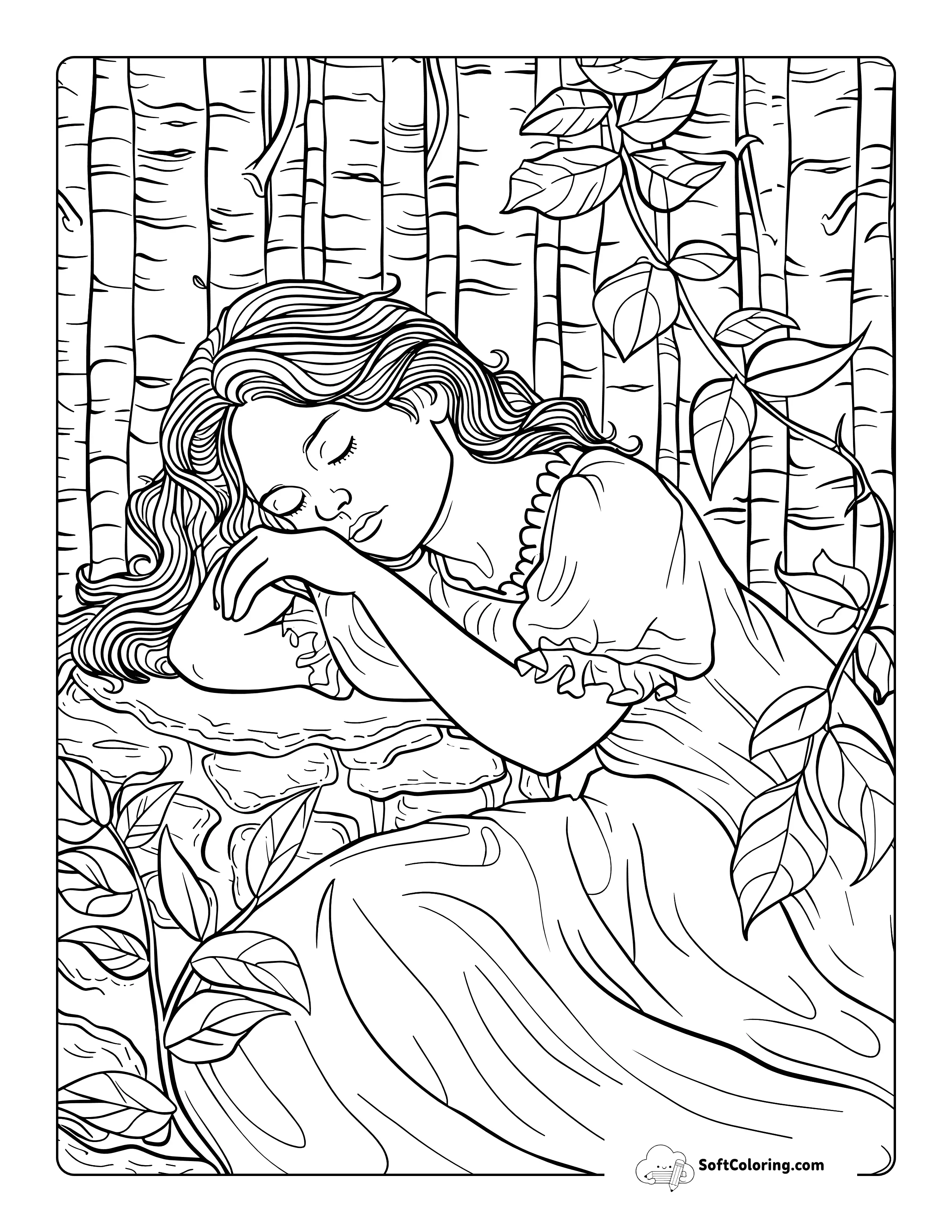 Sleeping Princess Woodland Adult Coloring Page