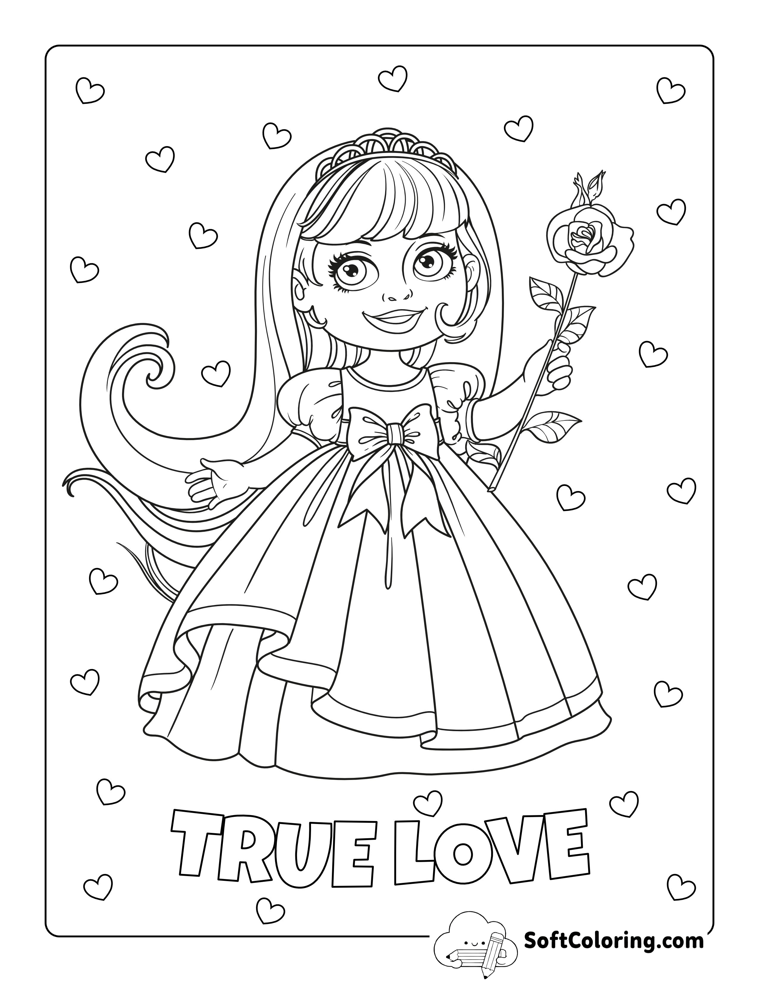 Sweet Princess with Rose Coloring Page