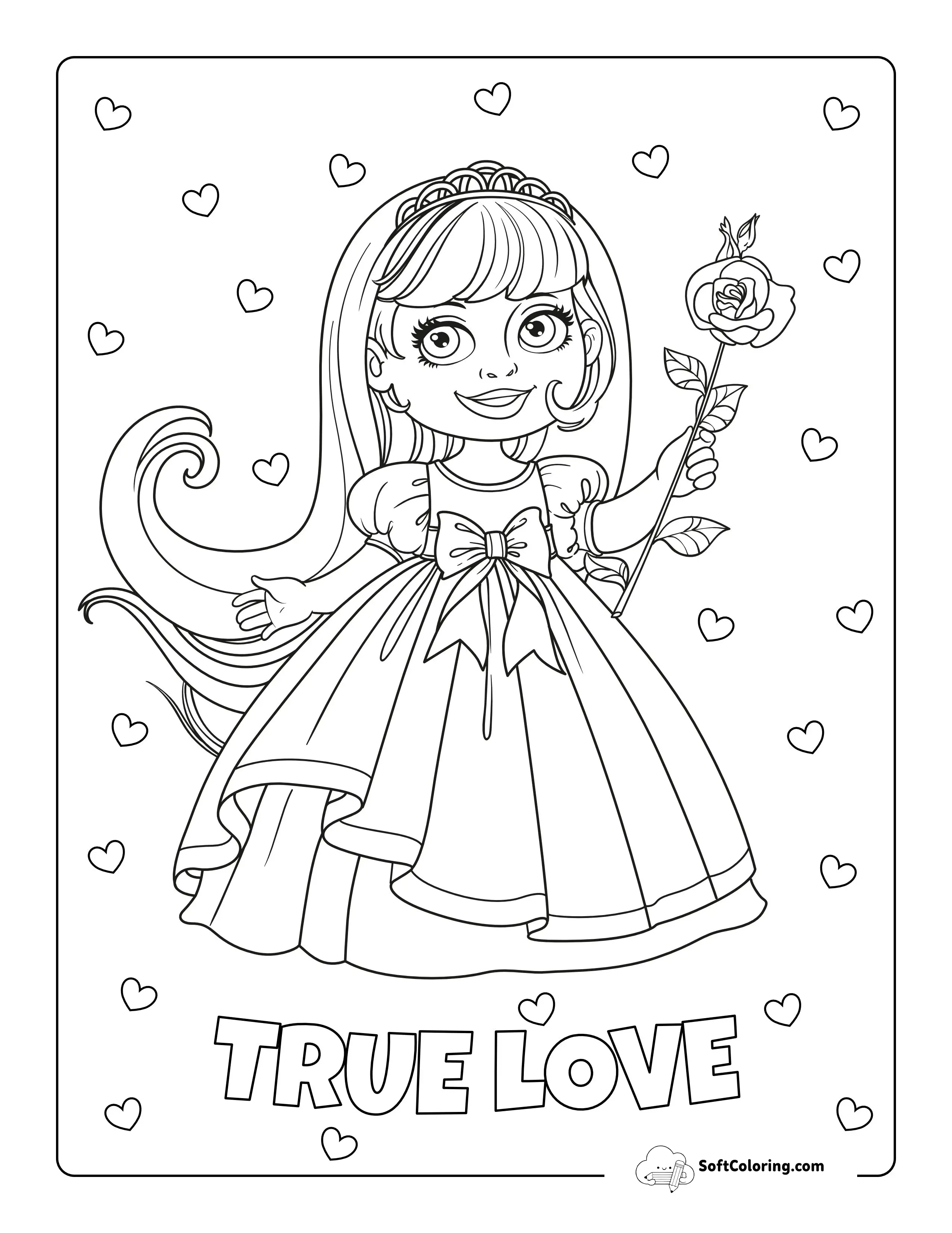 Sweet Princess With Rose Coloring Page