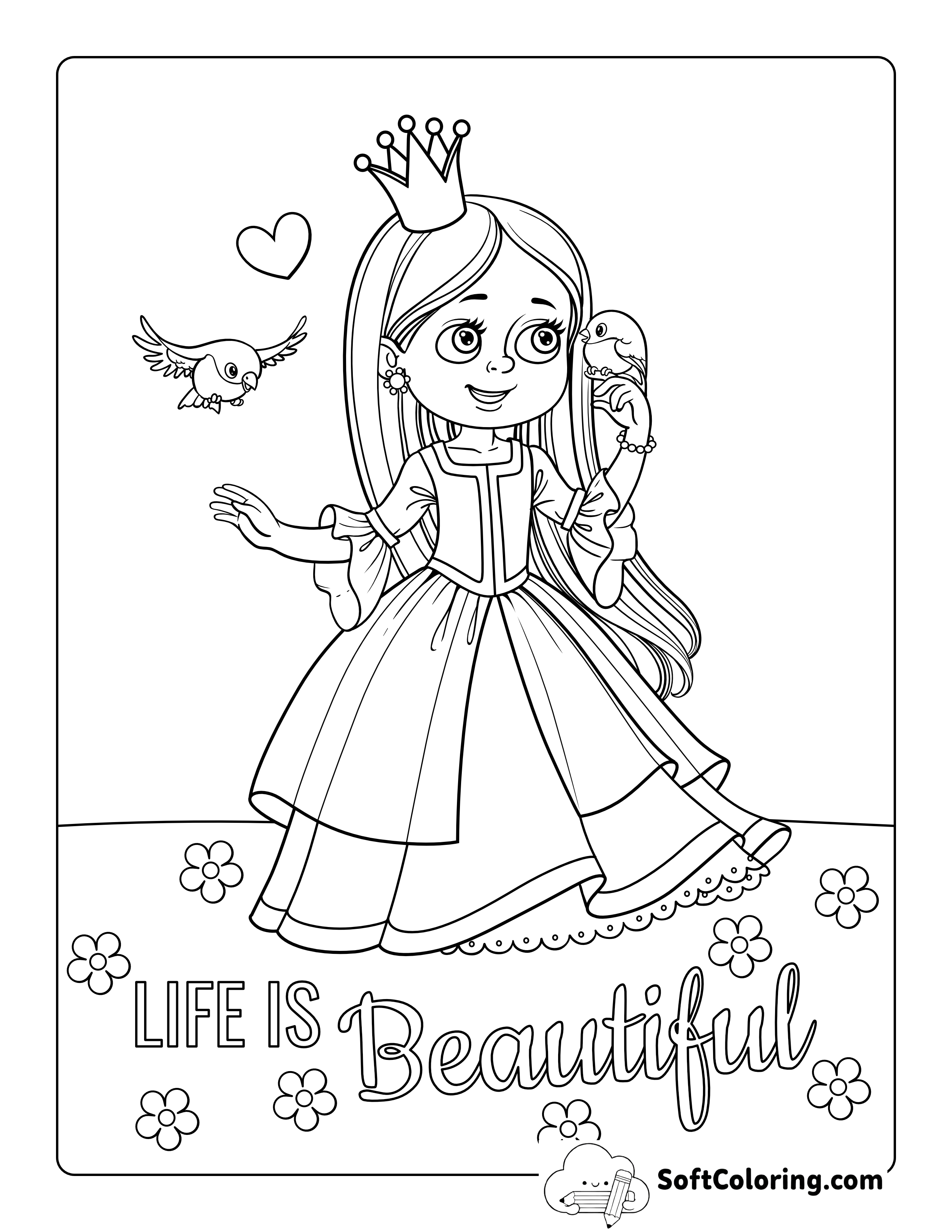 Princess with Birds Coloring Page