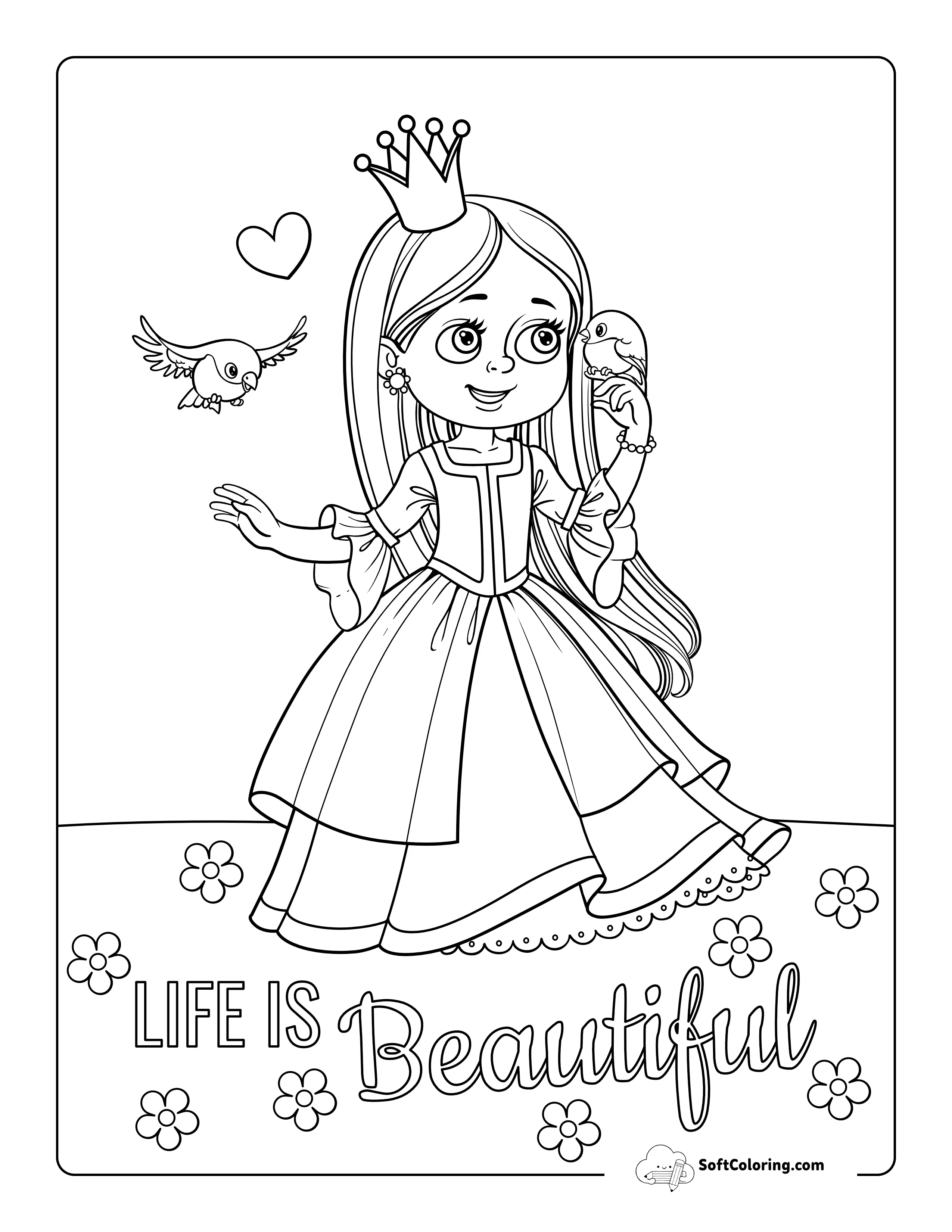 Princess With Birds Coloring Page