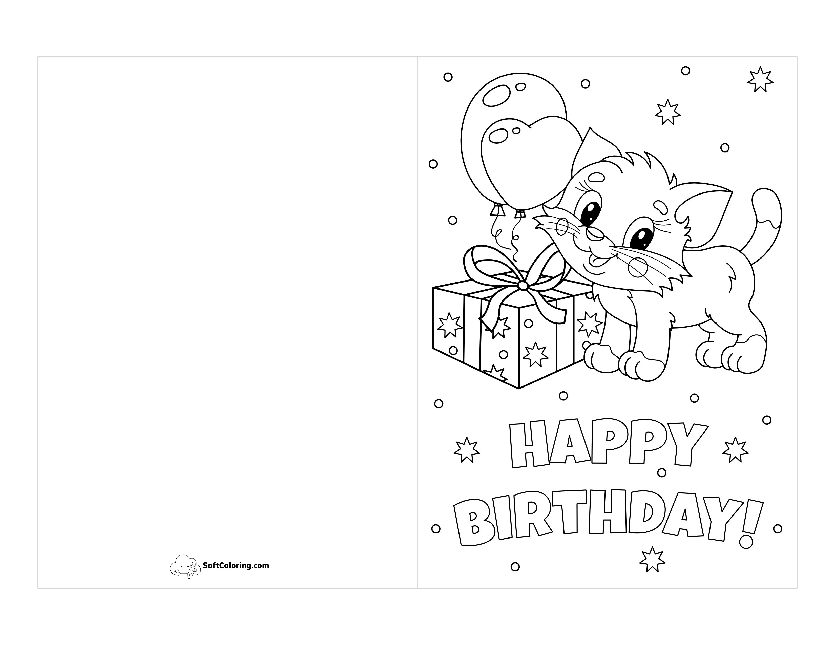 Cute Cat Printable Birthday Card To Color