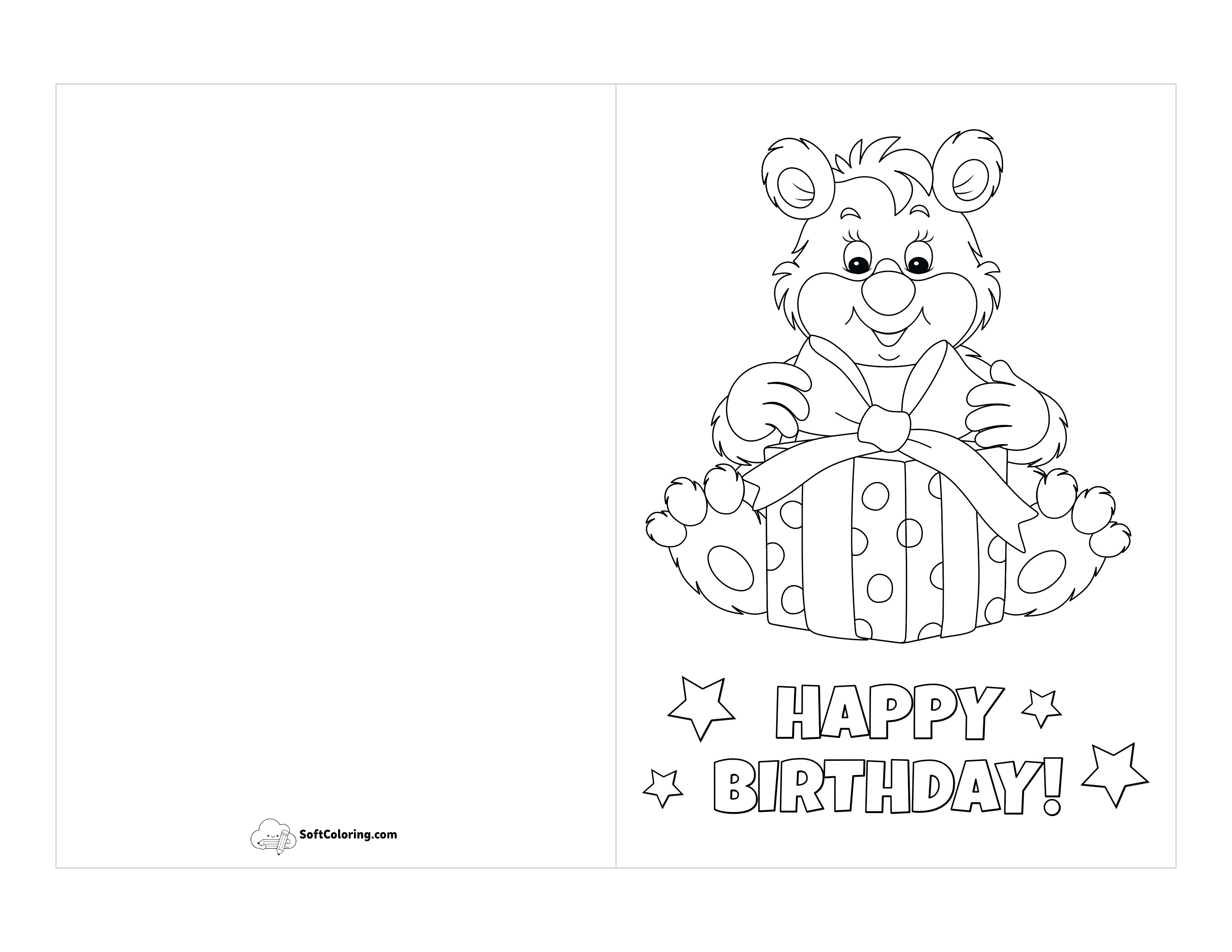 "Happy Birthday" Cute Bear Printable Card To Color