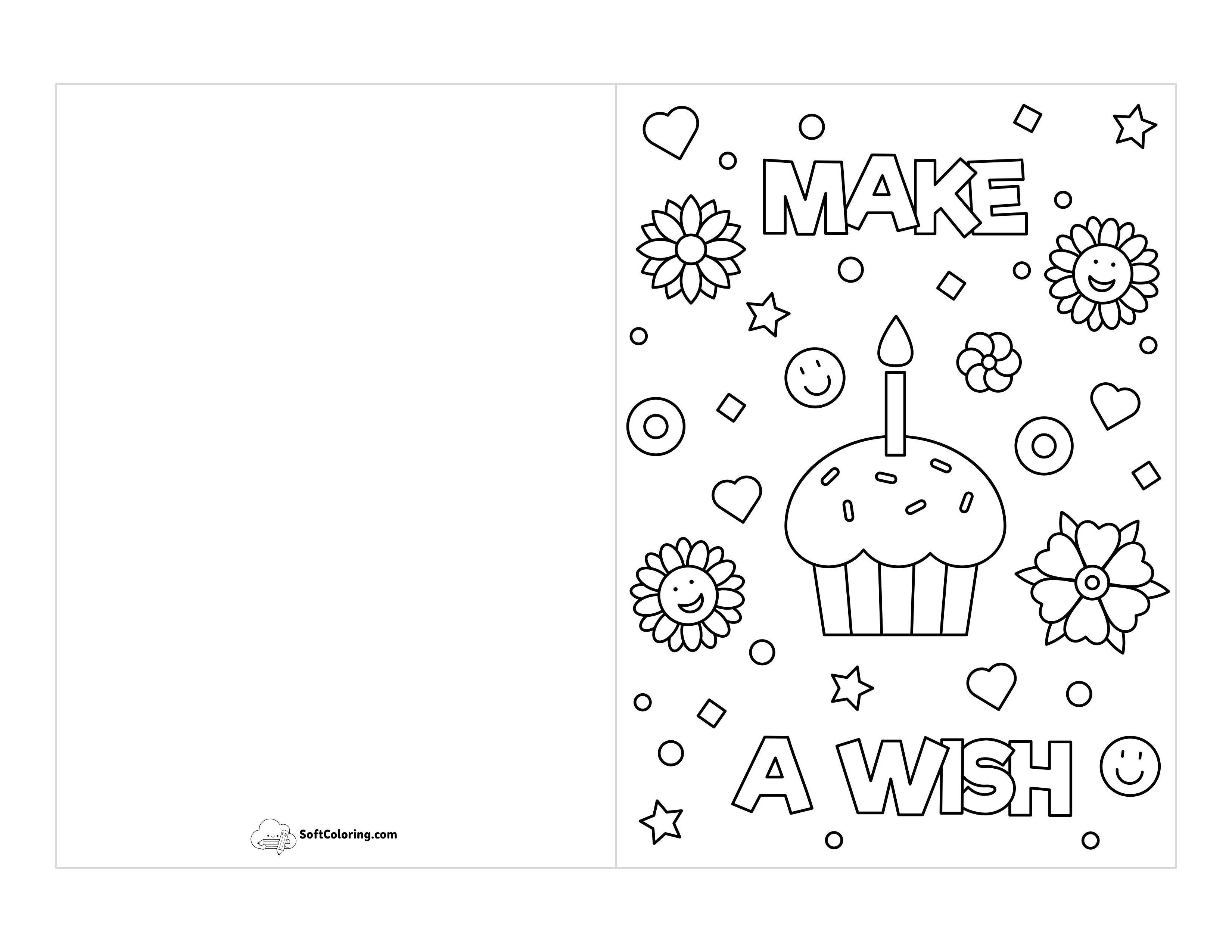 "Make A Wish" Printable Birthday Card To Color