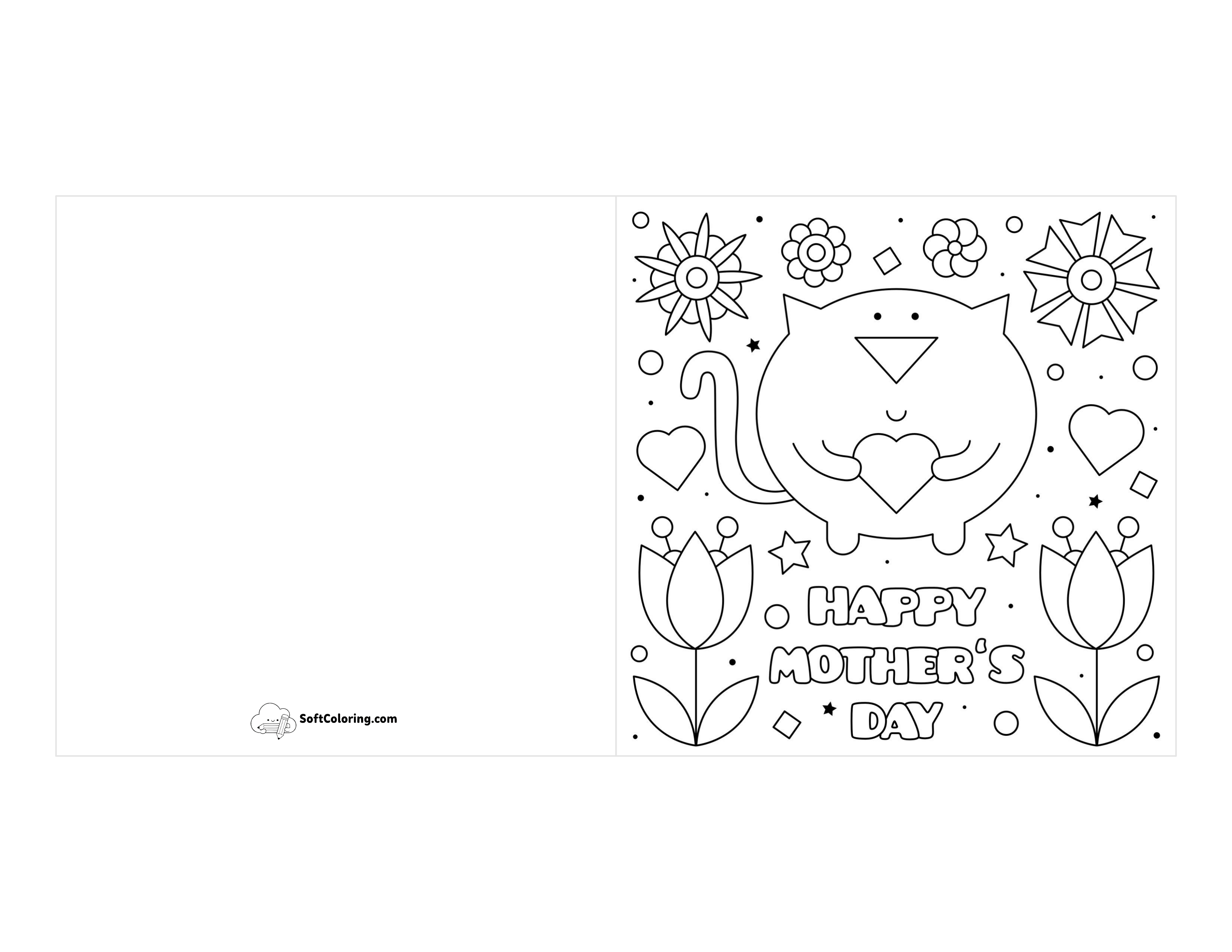 Cute Cat Mother's Day Card To Print & Color