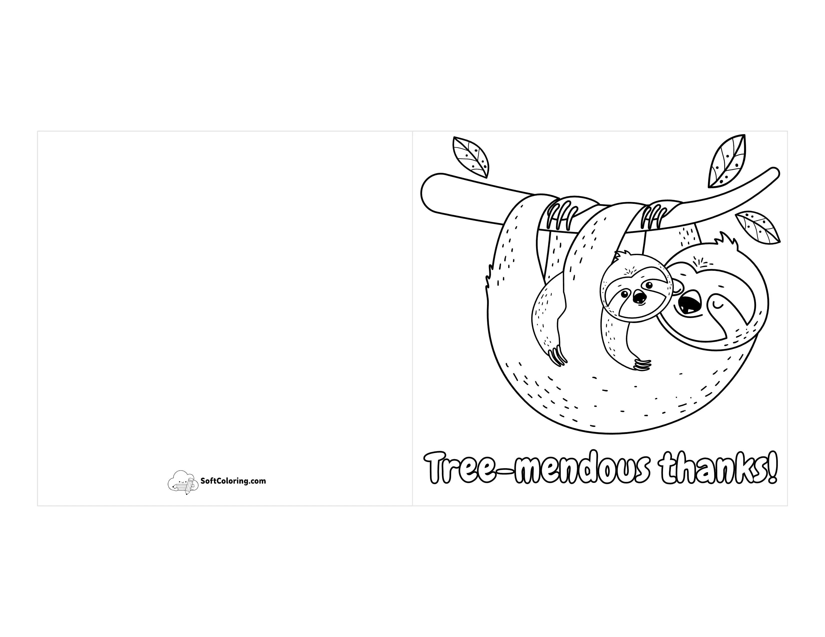 Adorable Sloth Hug Printable Coloring Thank You Note