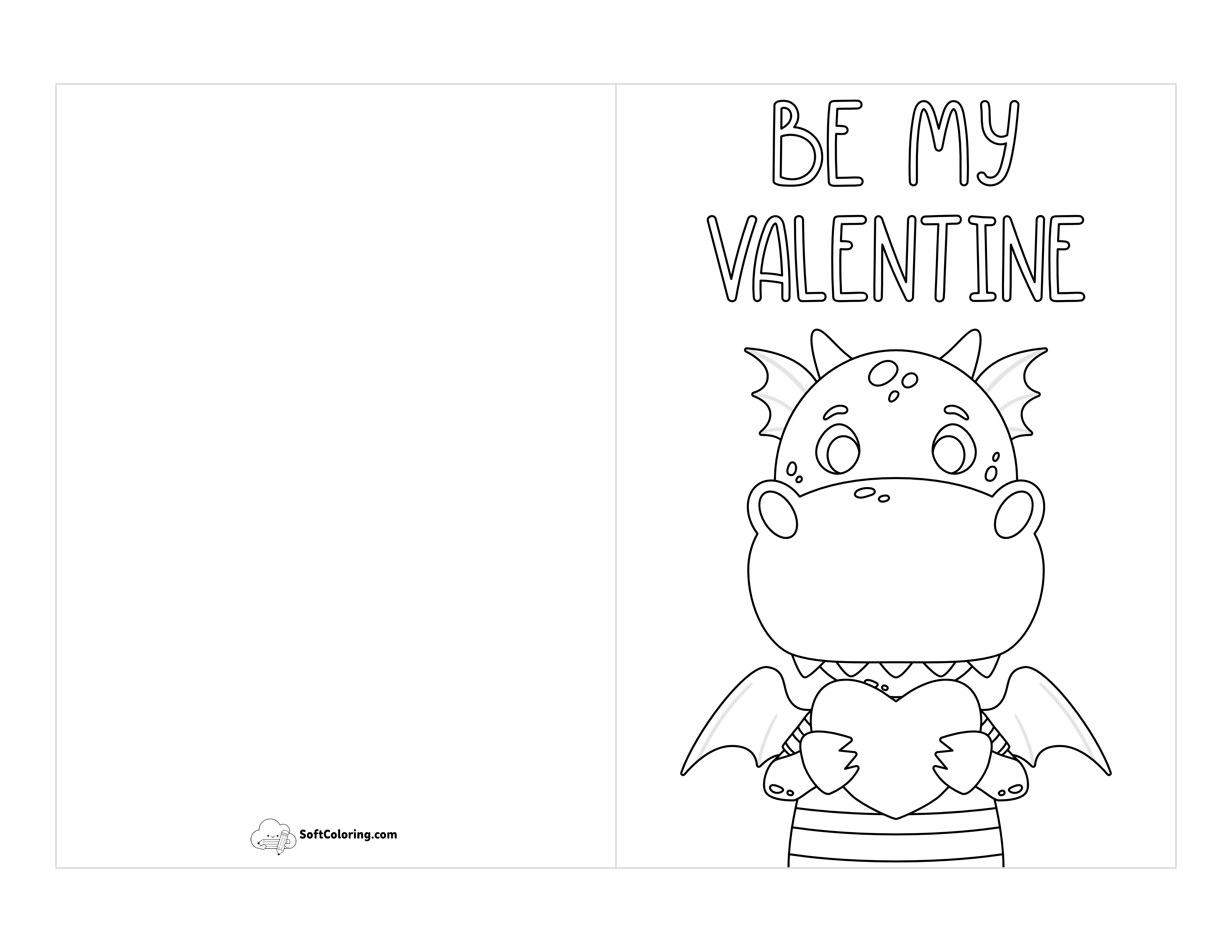 "Be My Valentine" Cute Dragon Printable Valentine Card To Color