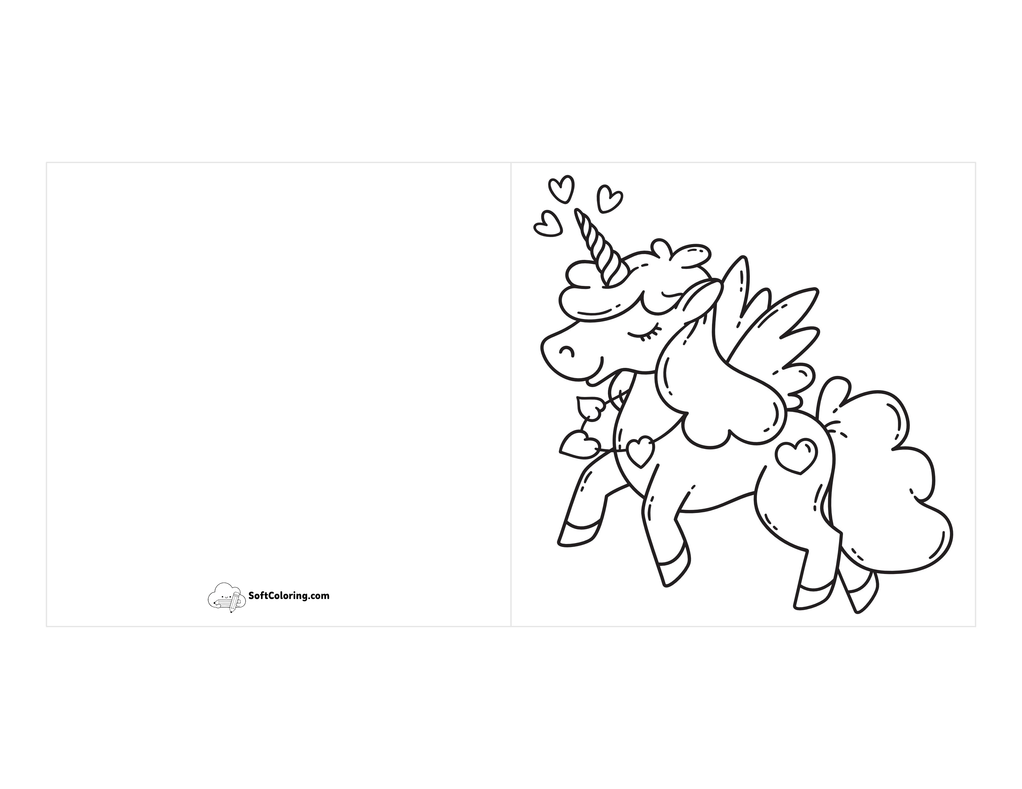 Unicorn With Hearts Card To Color