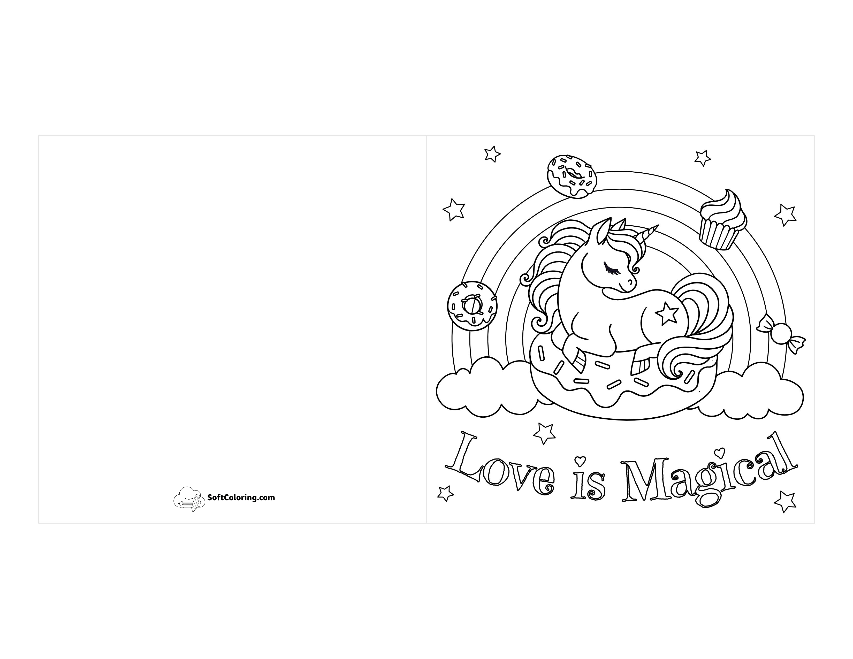 "Love Is Magical" Unicorn Valentine To Color
