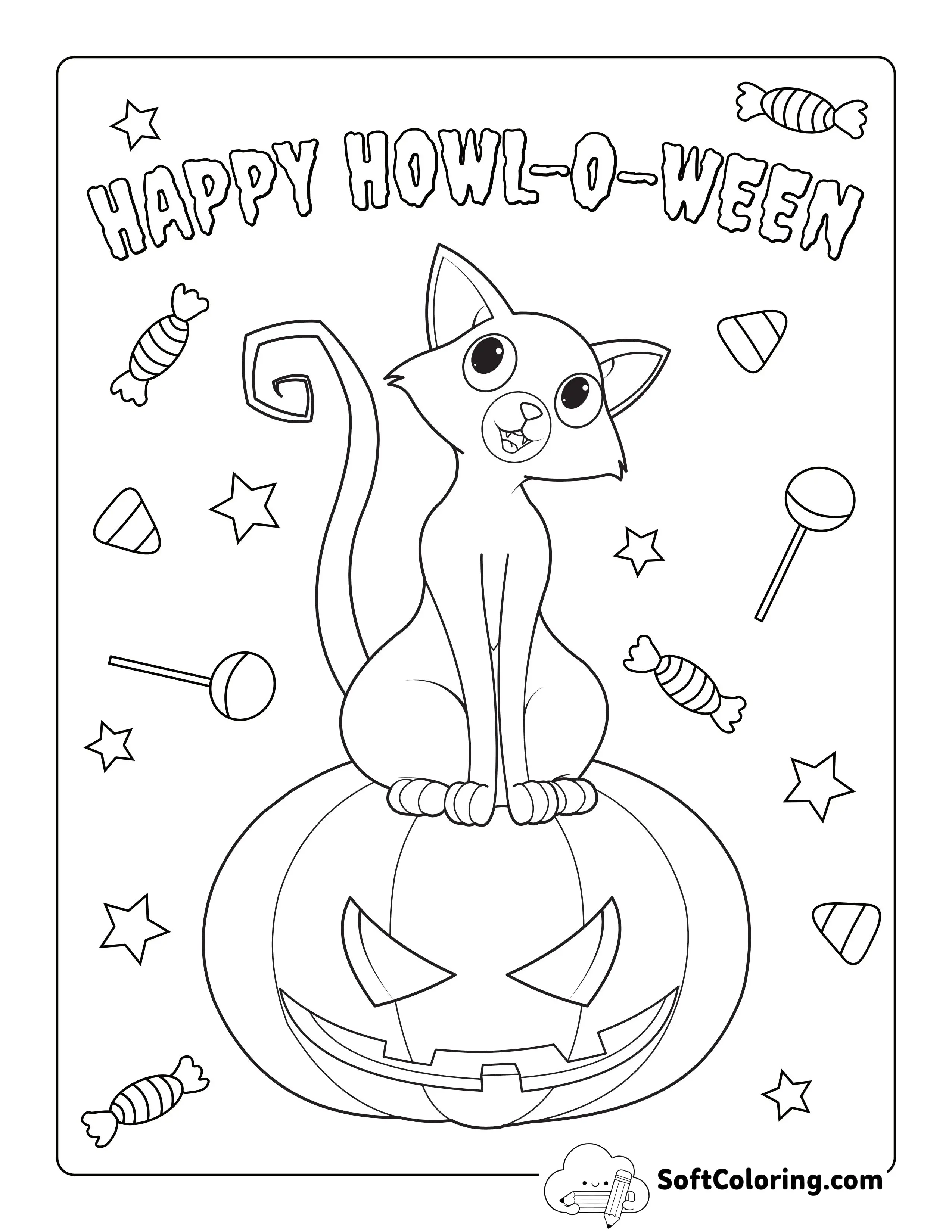 Halloween Cat Coloring Page With Candy