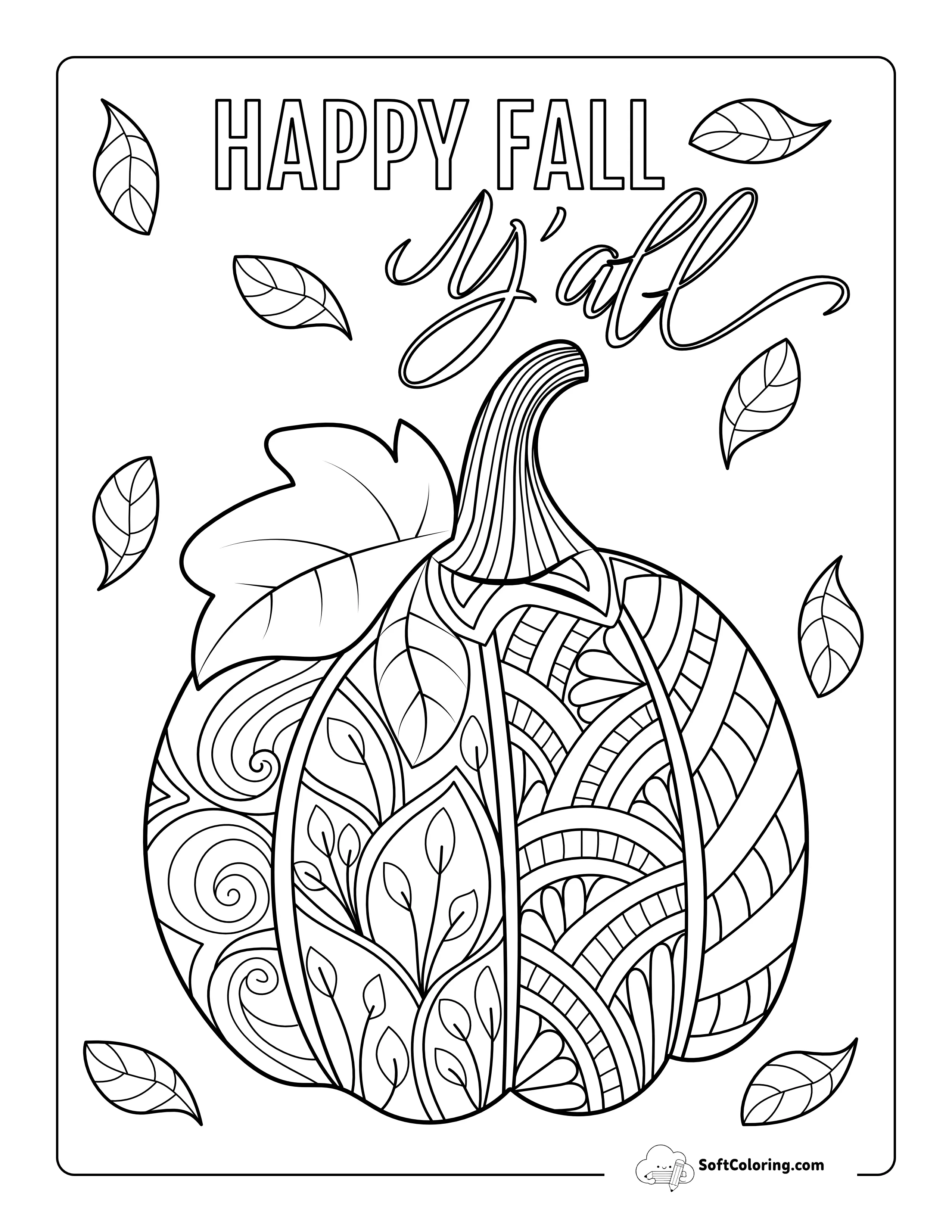 "Happy Fall" Cute Pumpkin Coloring Sheet For Adults