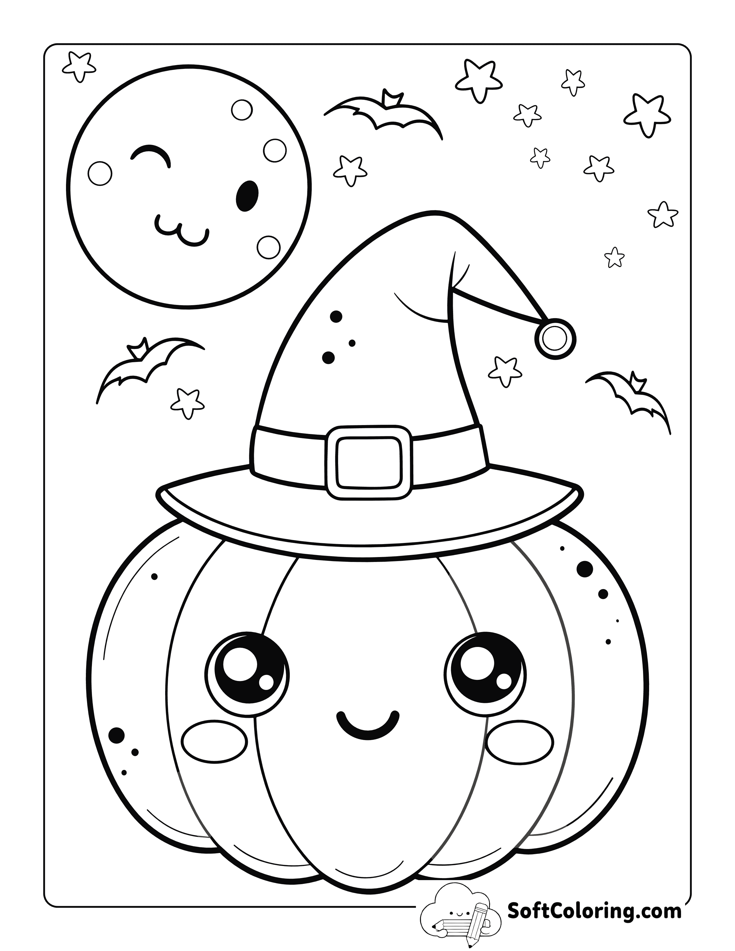 New! Kawaii Cute Halloween Pumpkin Coloring Page