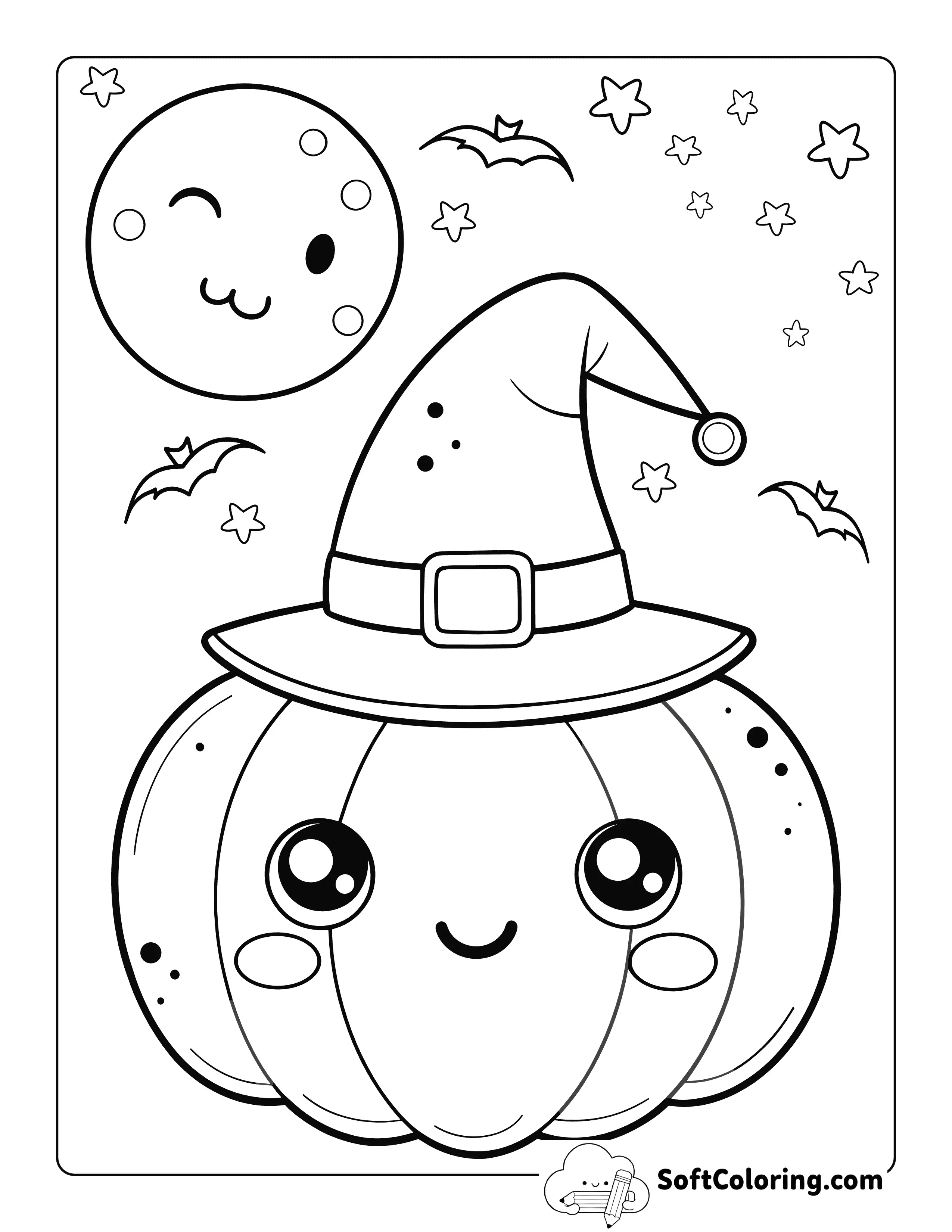 New! Kawaii Cute Halloween Pumpkin Coloring Page
