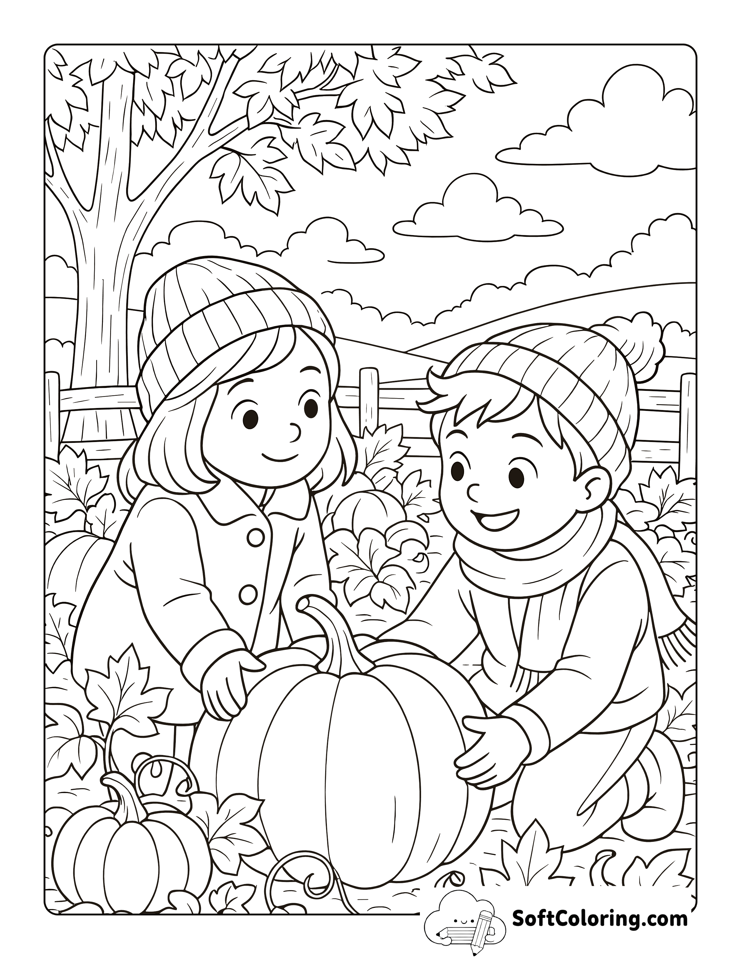 New! Cute Kids In Pumpkin Patch Coloring Page