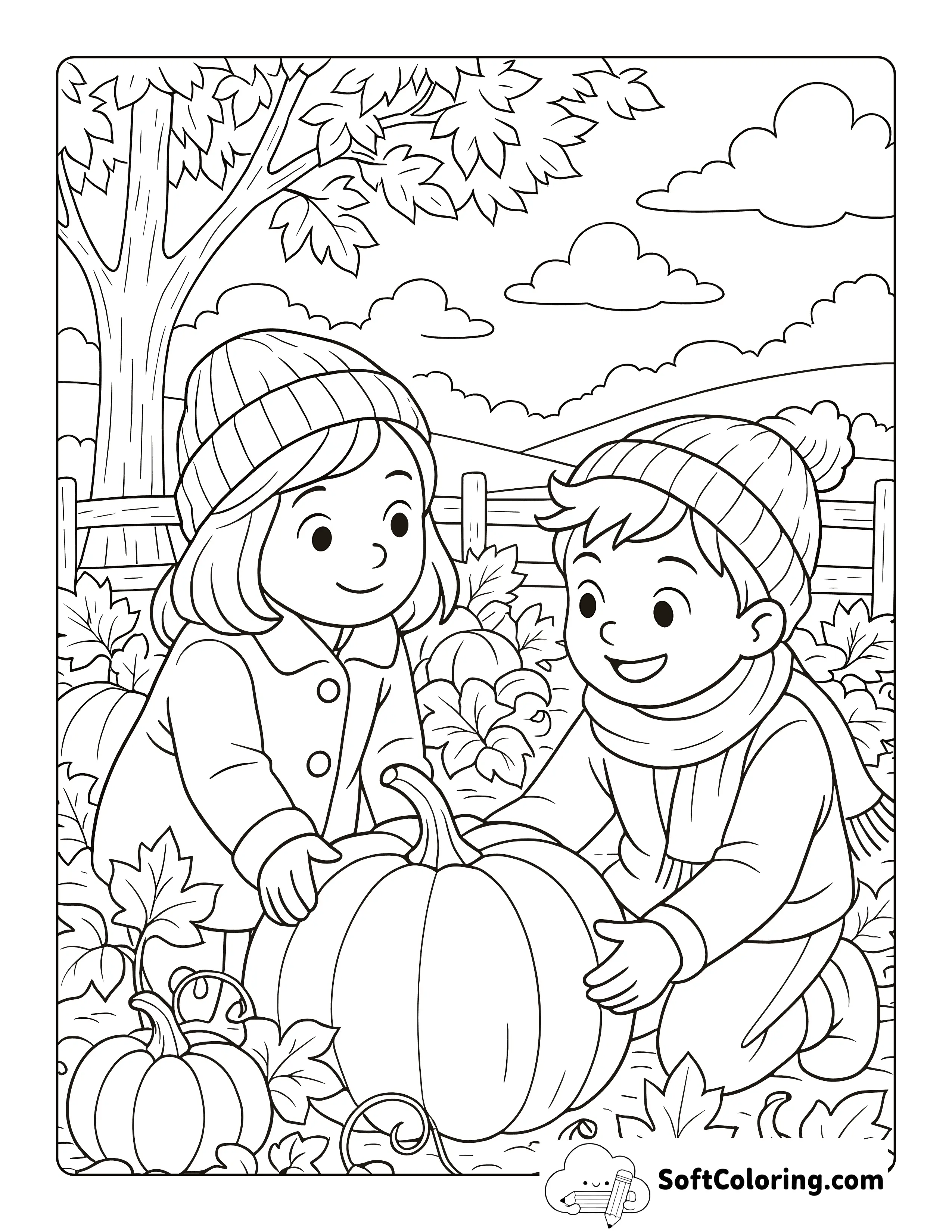 New! Cute Kids In Pumpkin Patch Coloring Page