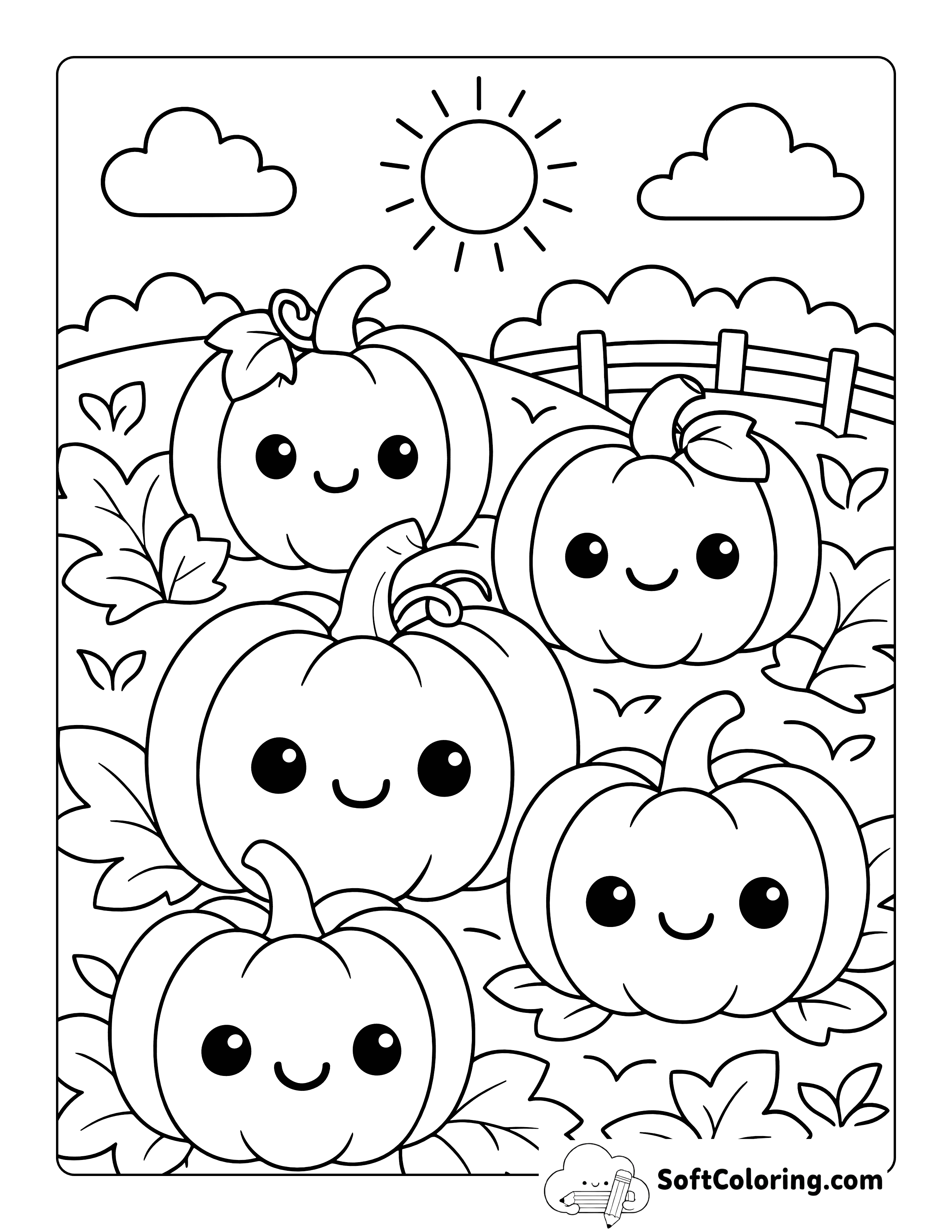 New! Kawaii Pumpkin Patch Coloring Page