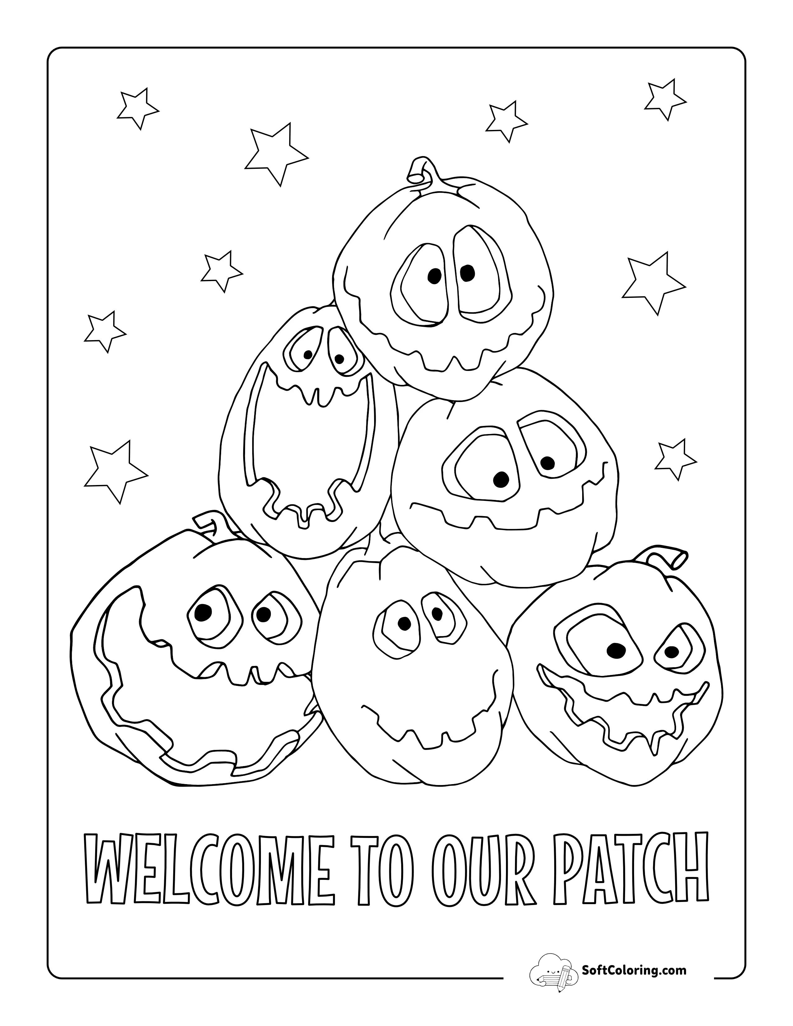 "Welcome To Our Patch" Pumpkin Faces Drawing To Color