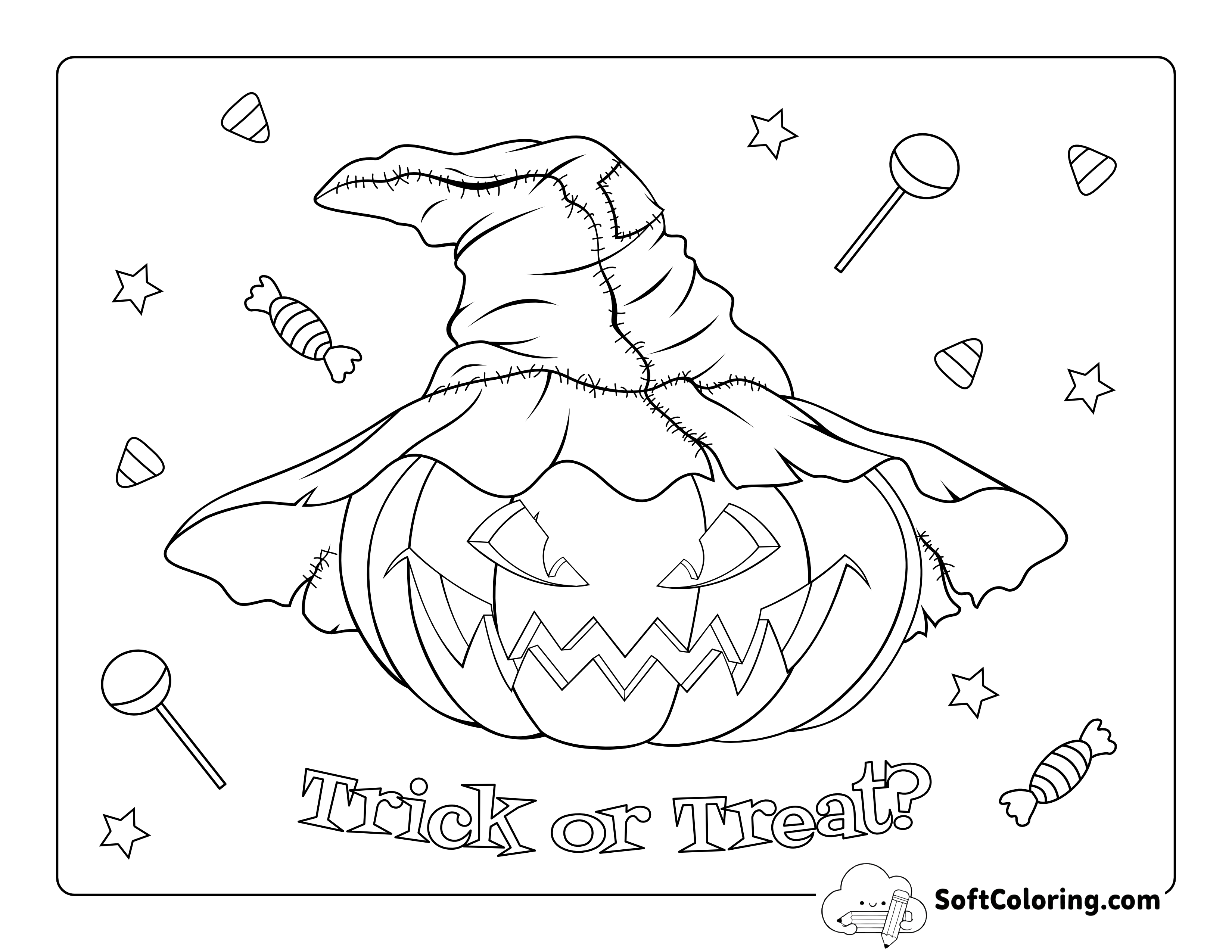 "Trick or Treat" Scary Carved Pumpkin Coloring Page