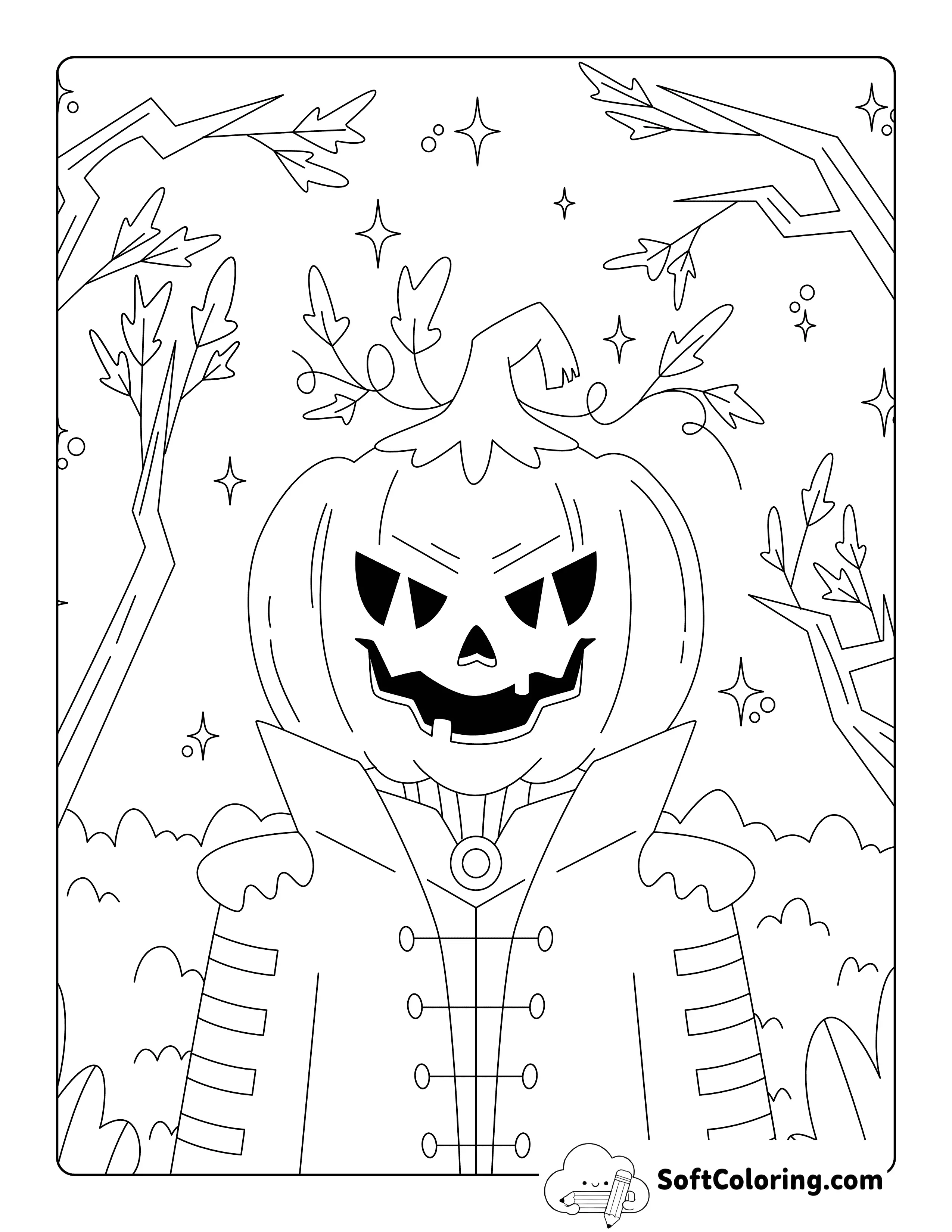 Easy Scary Halloween Pumpkin Head Coloring Page