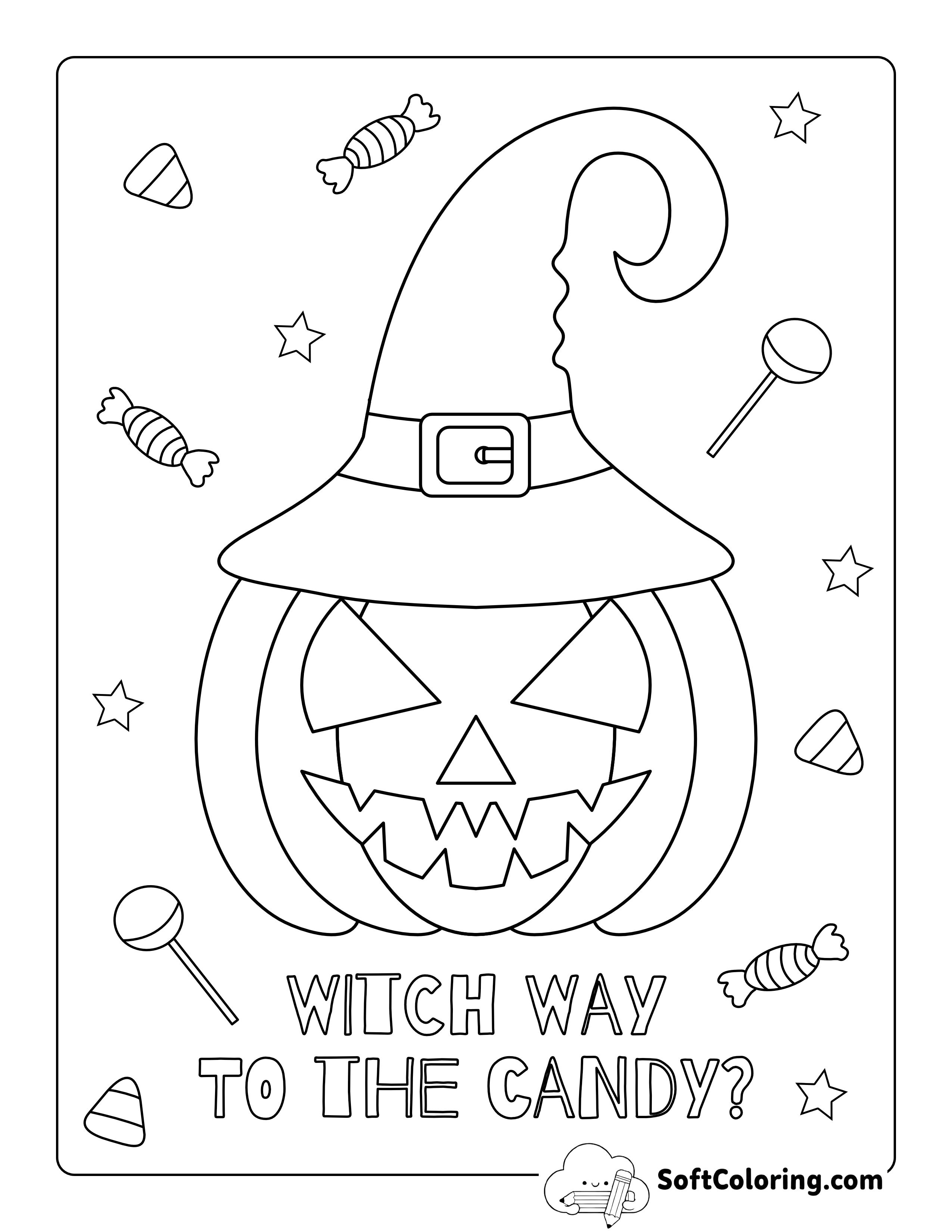 "Witch Way to the Candy?" Carved Pumpkin in Witches Hat