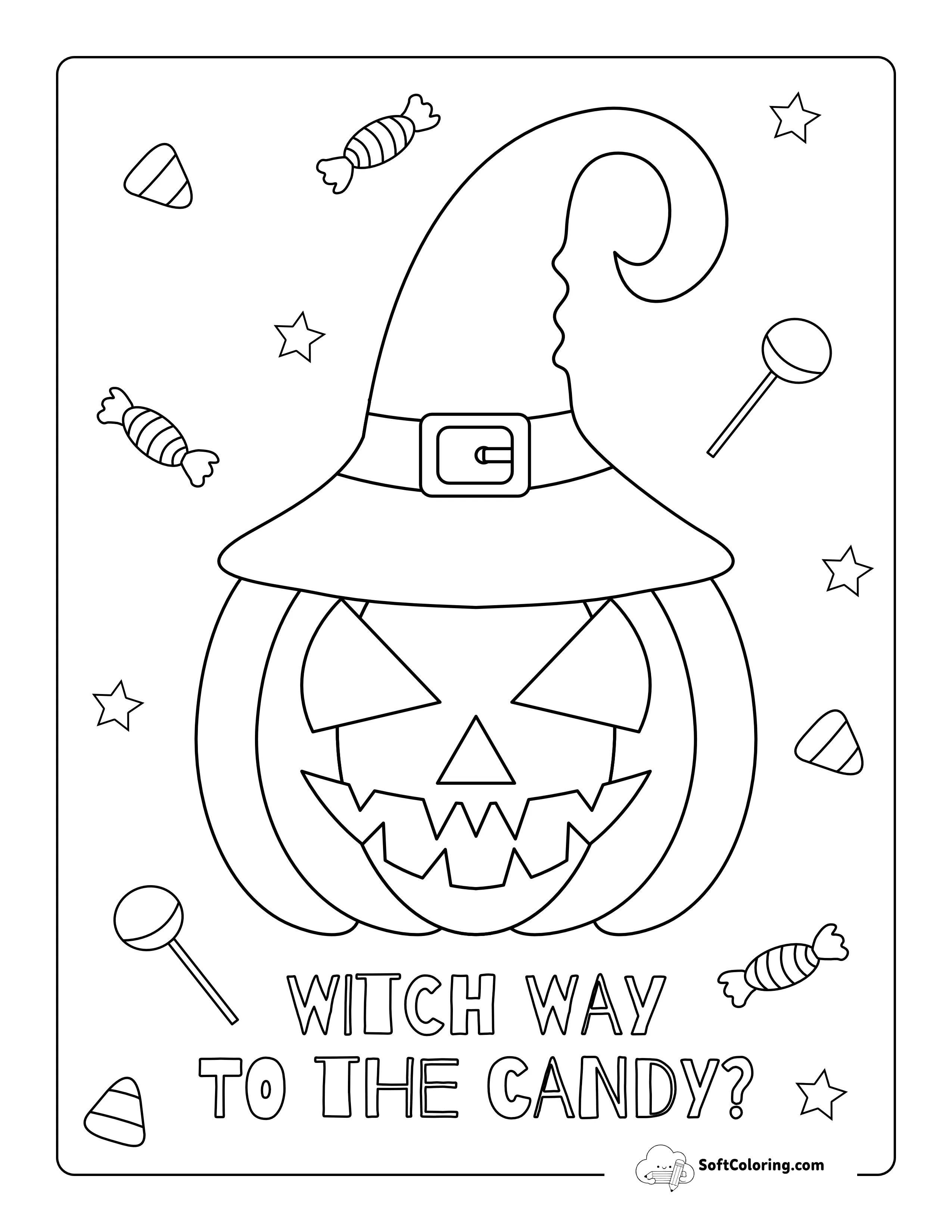 "Witch Way To The Candy?" Carved Pumpkin In Witches Hat