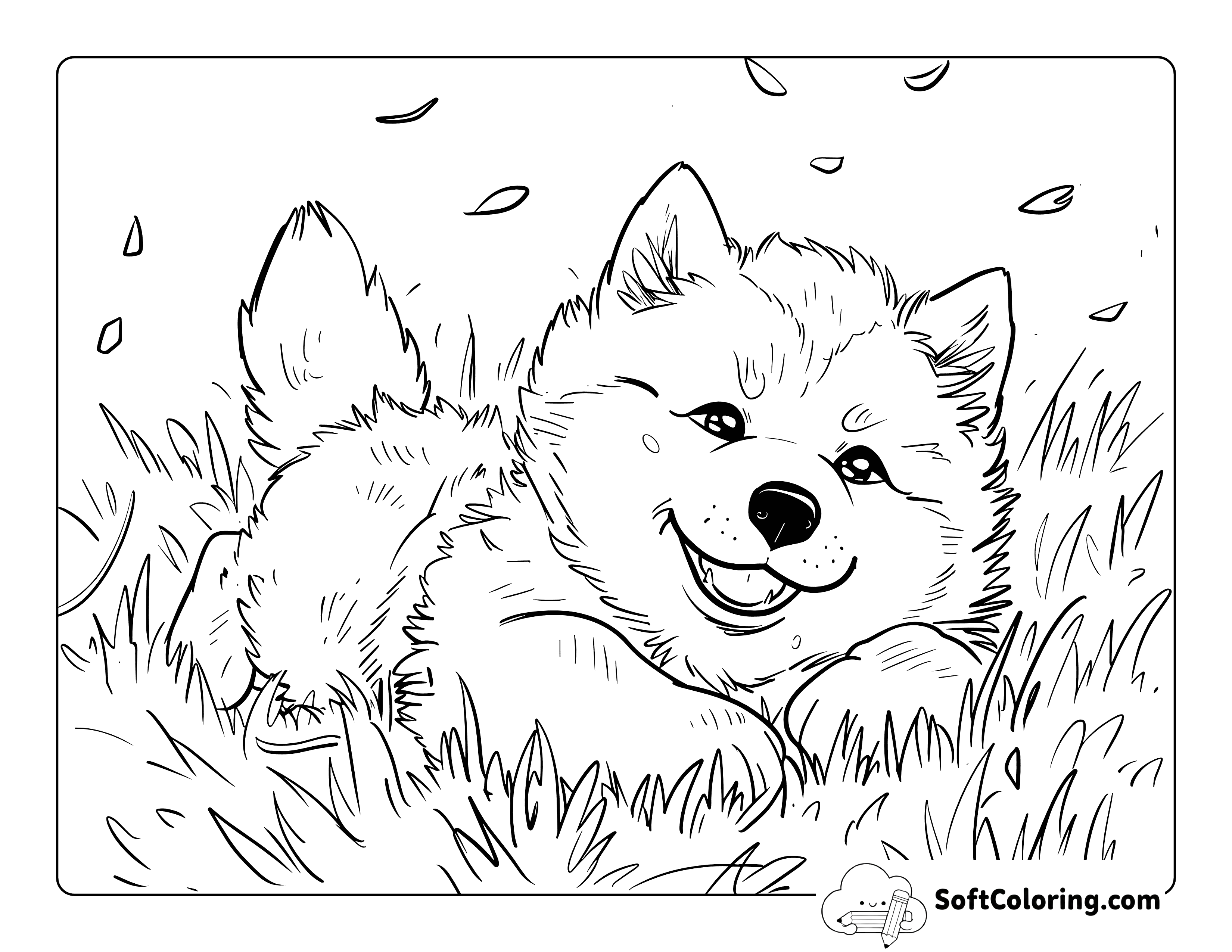 Fluffy Puppy in Grass Coloring Page