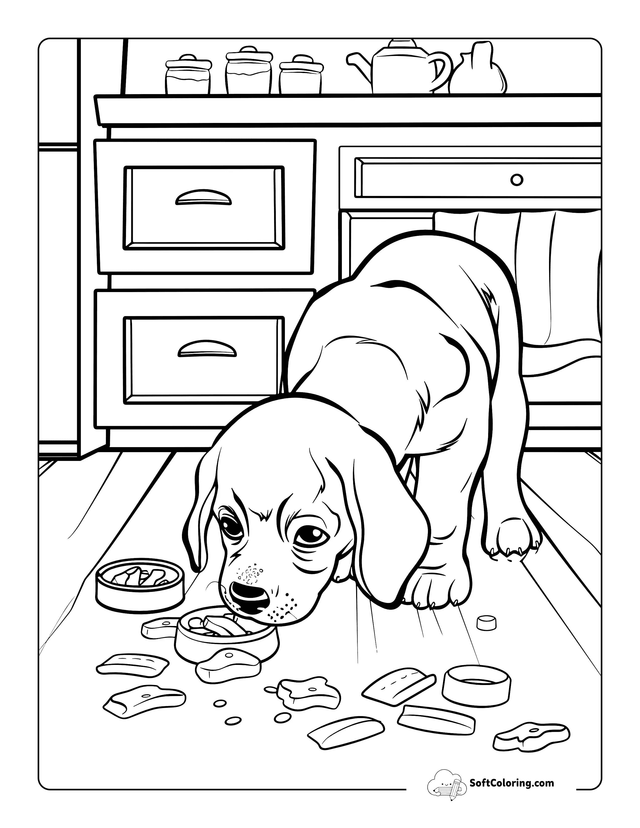 Mischievous Beagle Sniffing Trash Puppy Coloring Page