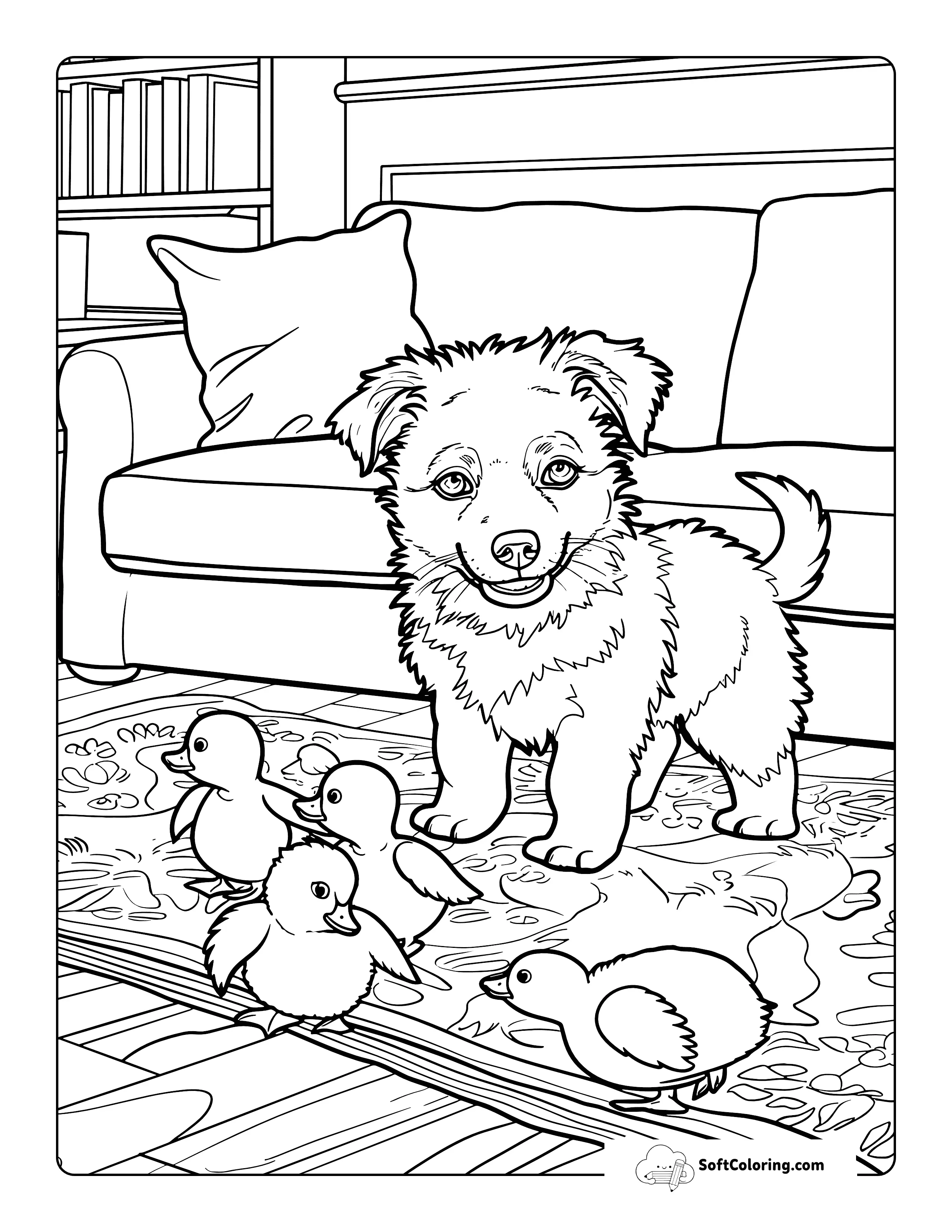 Cute Shepherd Herding Baby Ducks Coloring Scene Printable